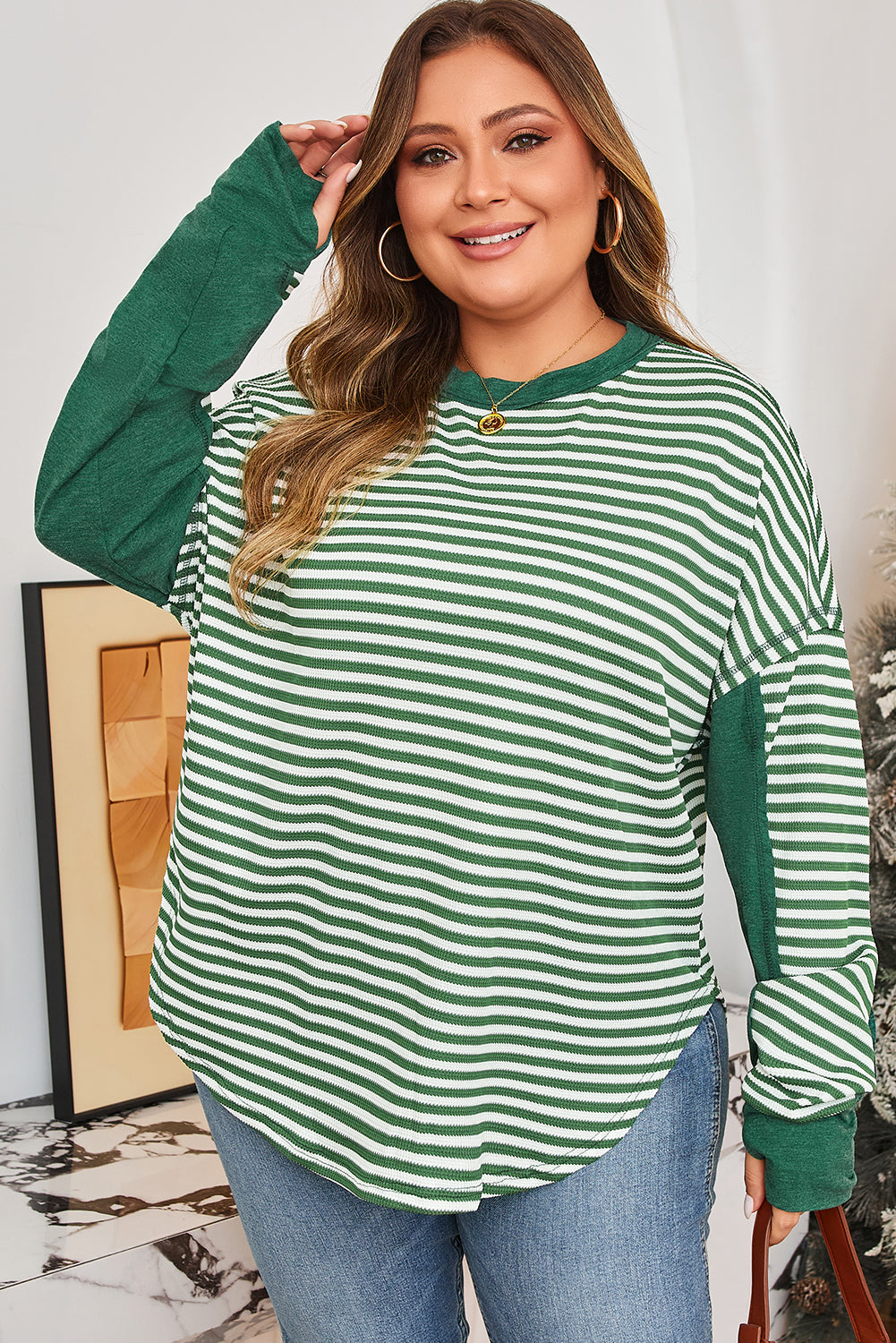 Plus Size Green Stripe Exposed Seam Thermal Top