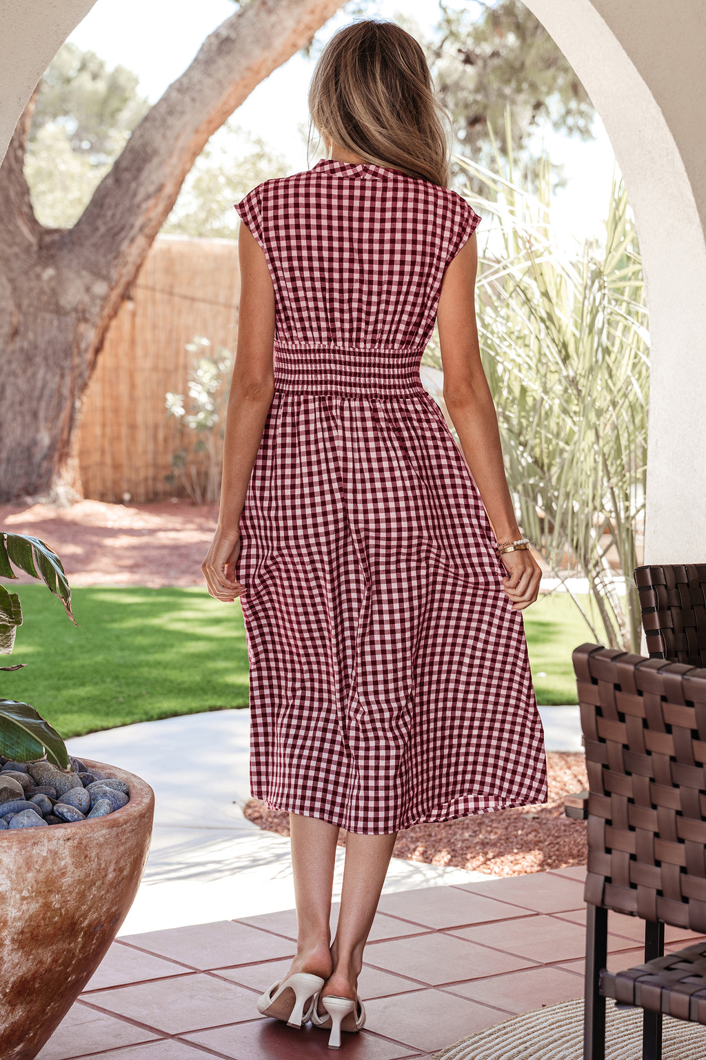 Coffee Plaid Print Full Zipper Cinched Waist Fit Flare Sleeveless Maxi Dress