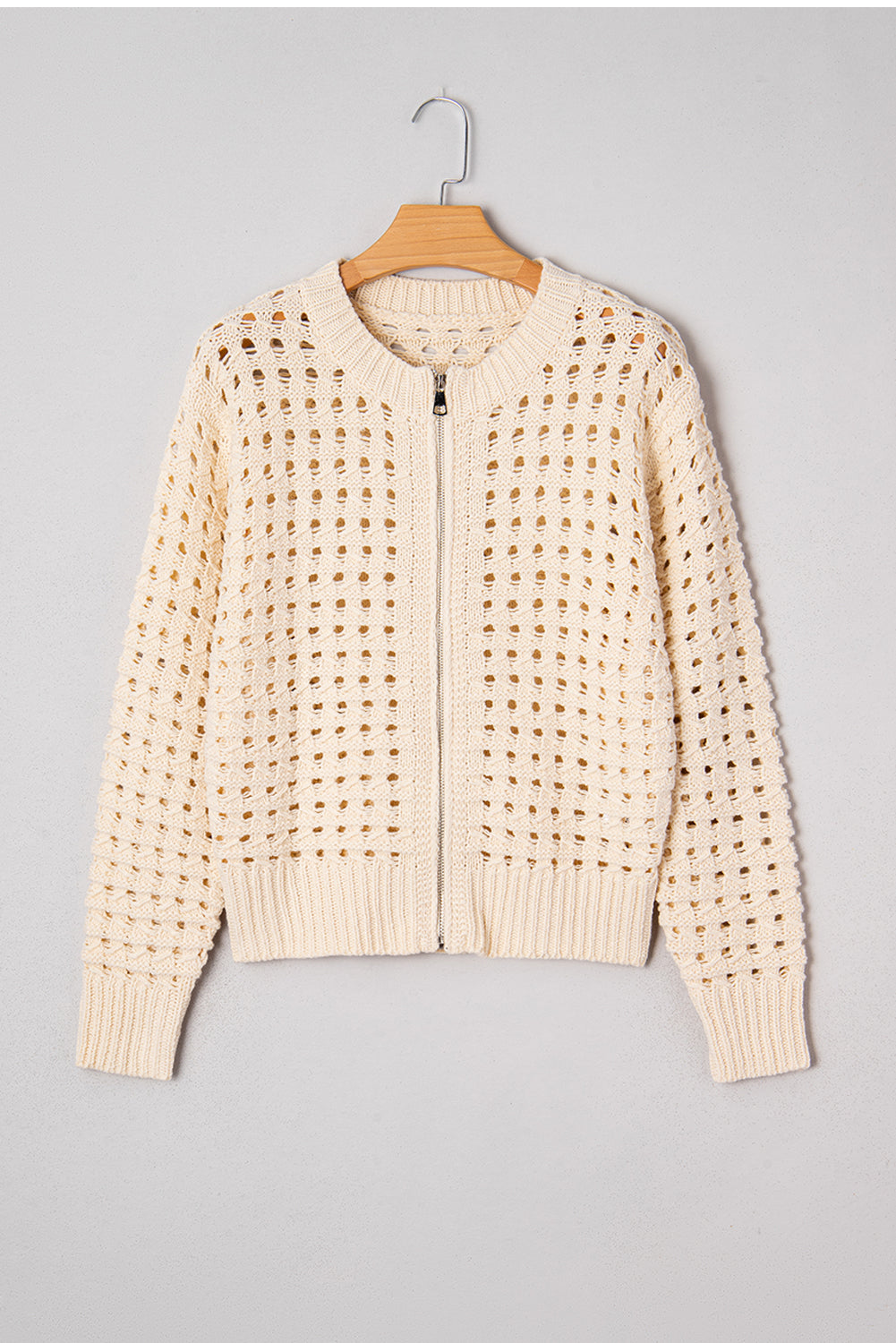 Beige Hollowed Knit Zip Up Cardigan