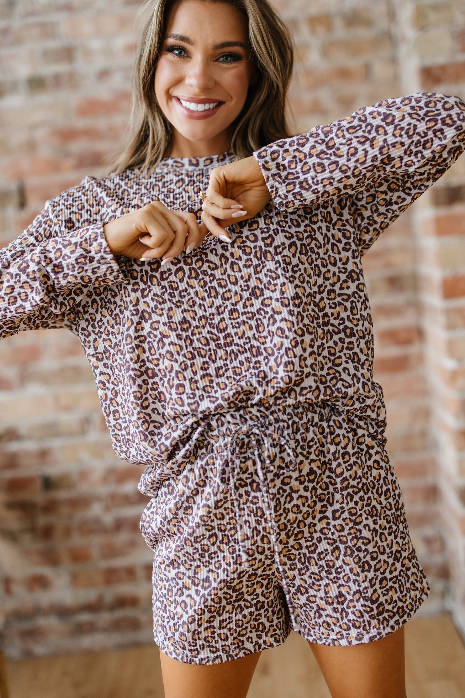 Khaki Leopard Ribbed Long Sleeved Drawstring Shorts 2pcs Outfit