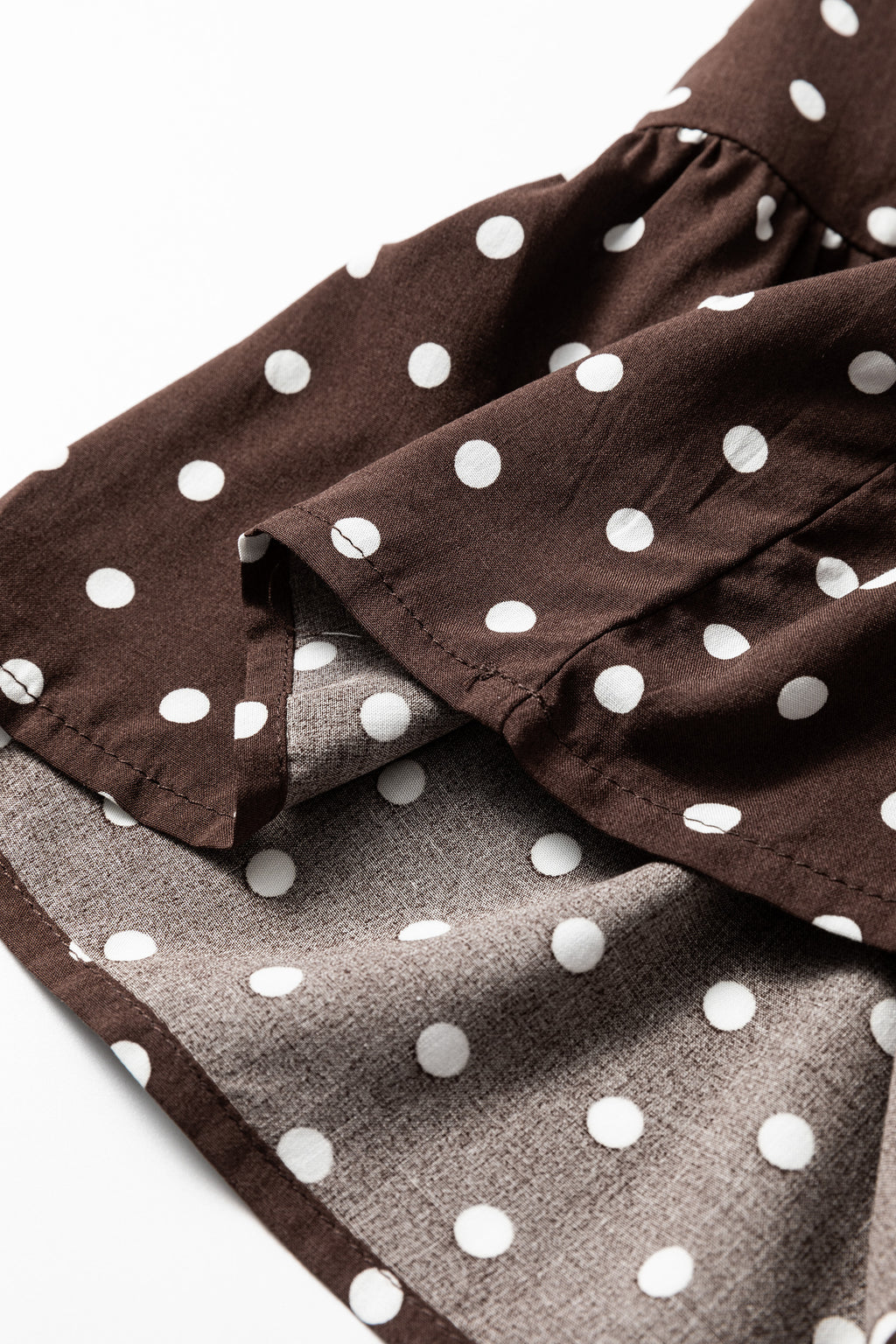 Chicory Coffee Polka Dot Long Sleeve Wrap V Neck Ruffle Hem Mini Dress