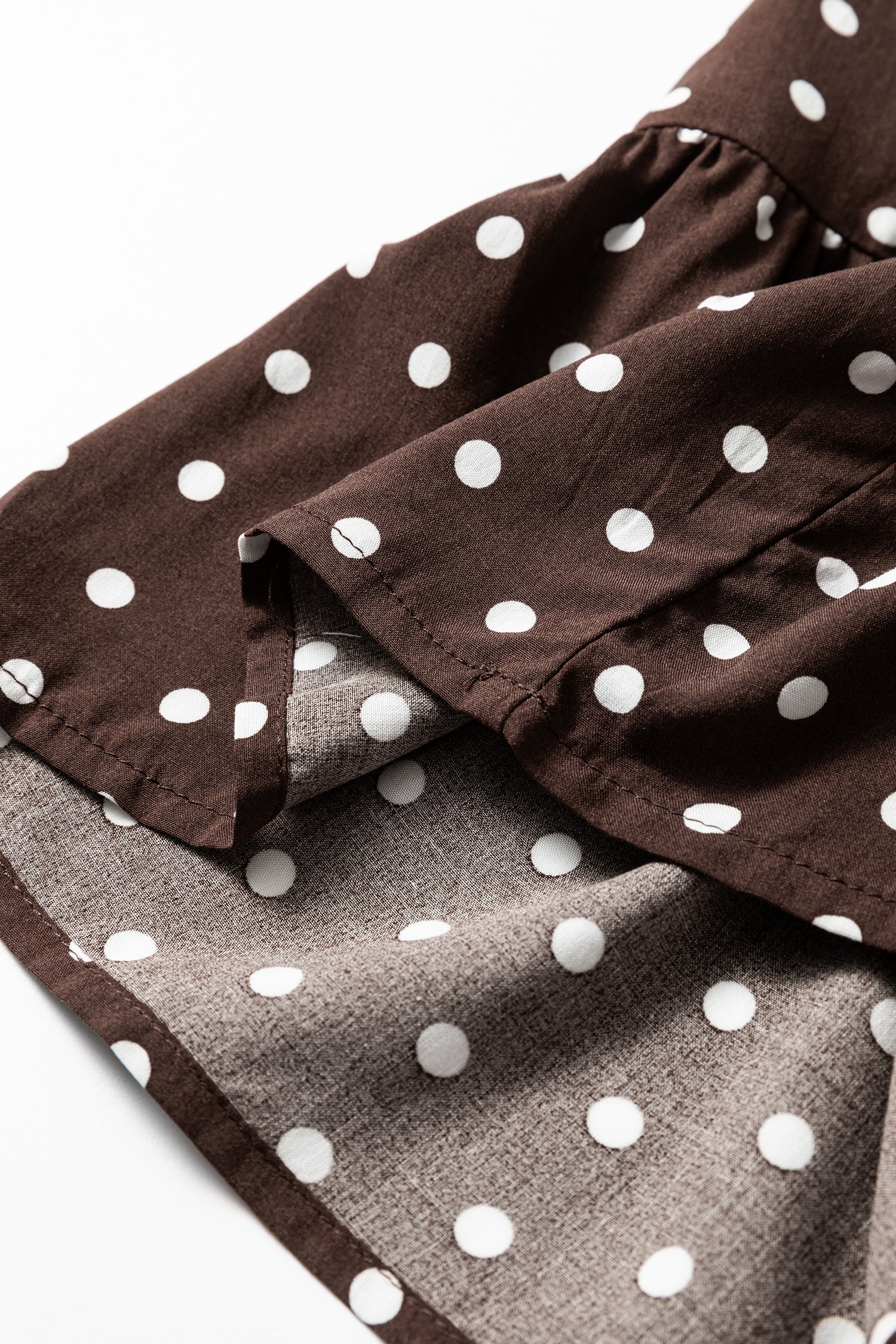 Chicory Coffee Polka Dot Long Sleeve Wrap V Neck Ruffle Hem Mini Dress