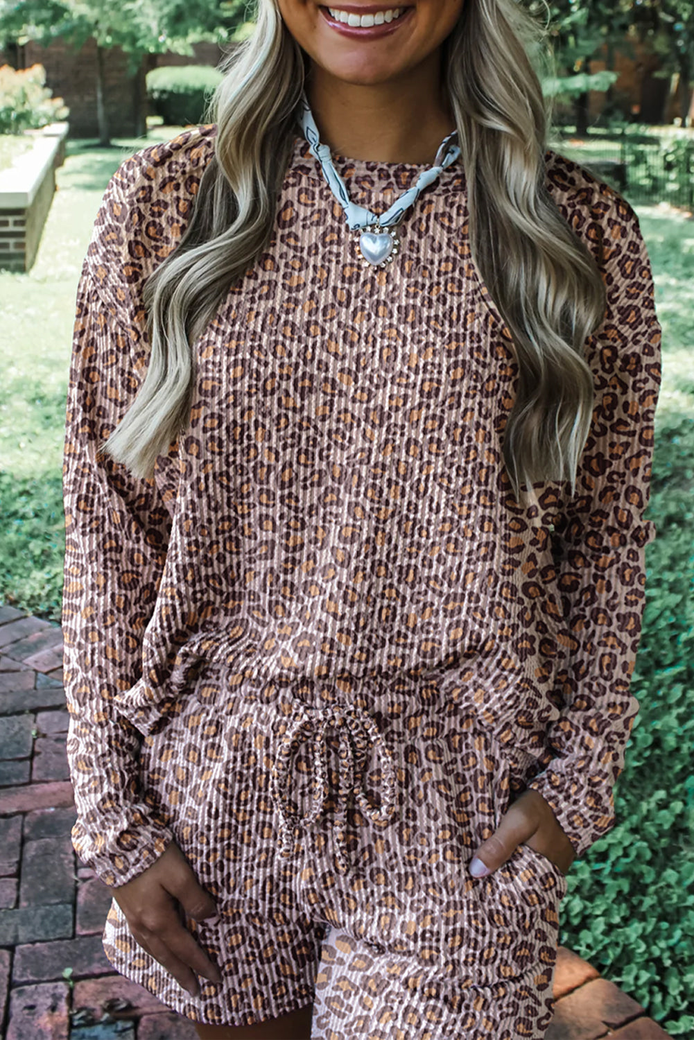 Khaki Leopard Ribbed Long Sleeved Drawstring Shorts 2pcs Outfit