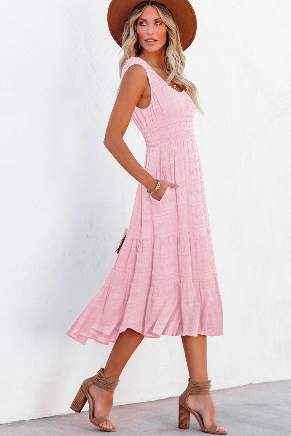 Apricot Shirred Pleated Square Neck Sleeveless Midi Dress