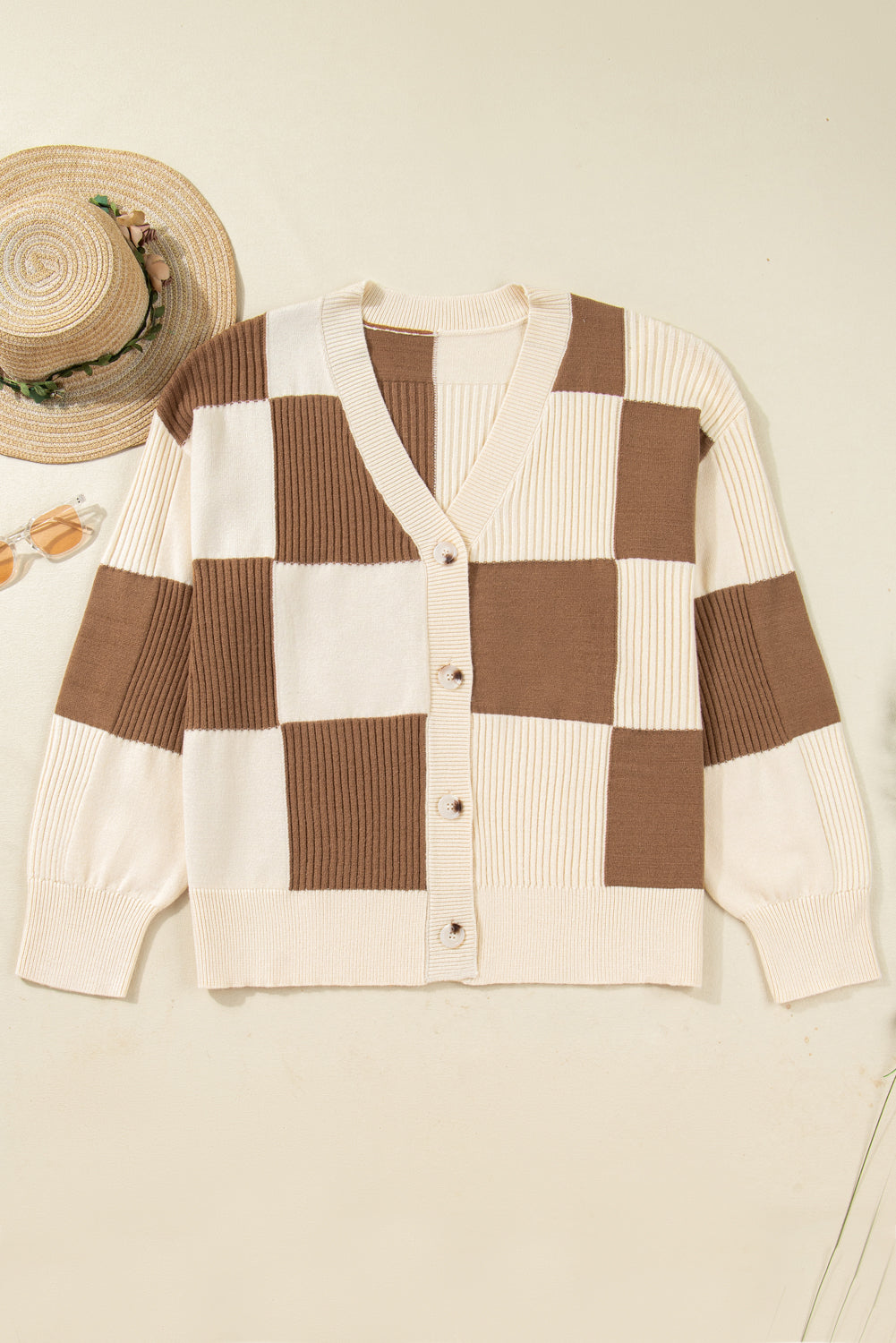 Plus Size Khaki Checkered Ribbed Texture Knit Cardigan Sweater