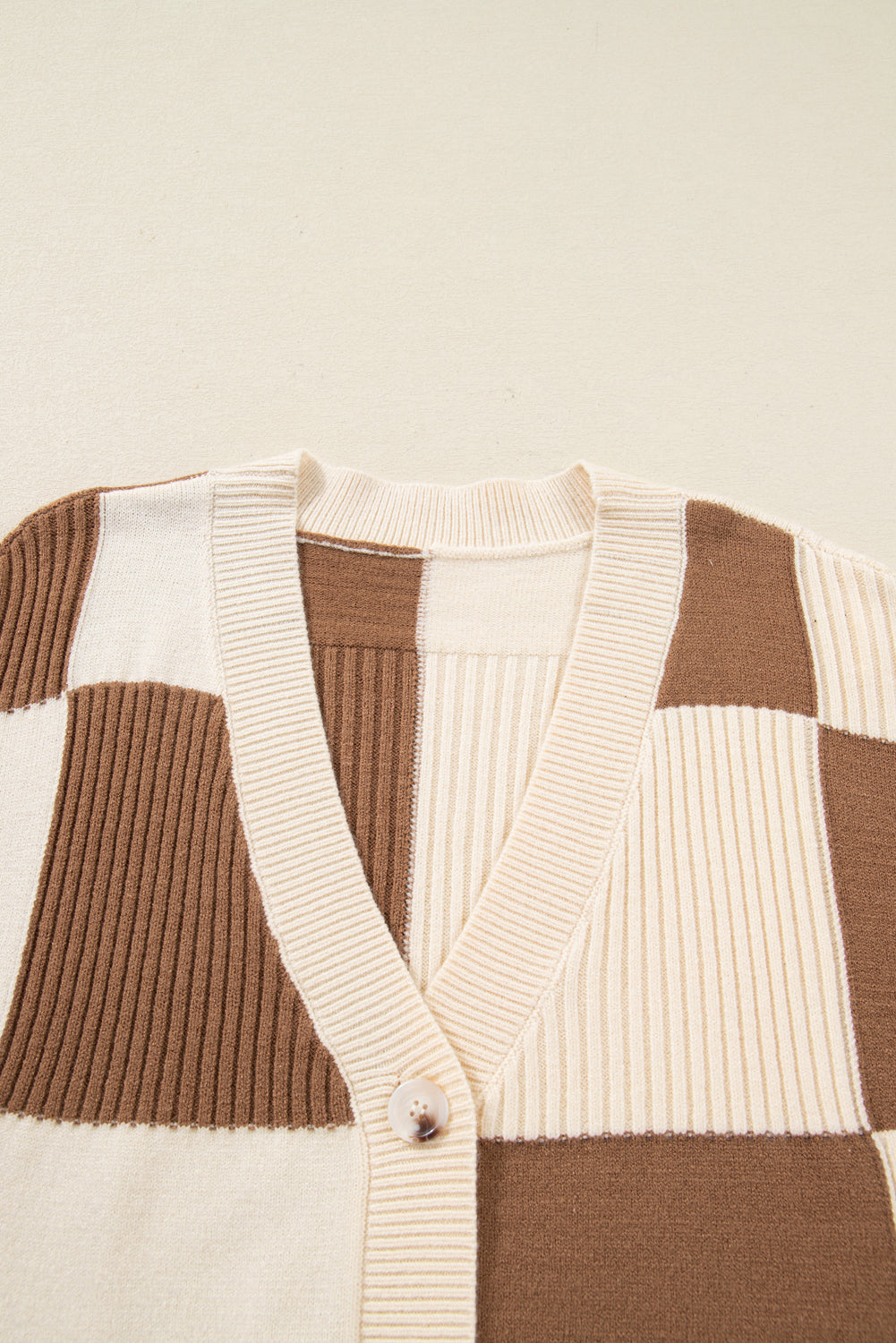 Plus Size Khaki Checkered Ribbed Texture Knit Cardigan Sweater