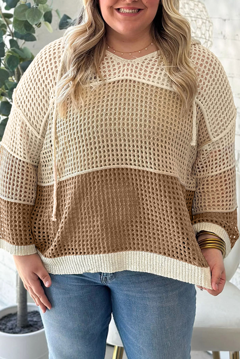 Plus Size  Colorblock Hollowed Knit Hooded Jumper Sweater