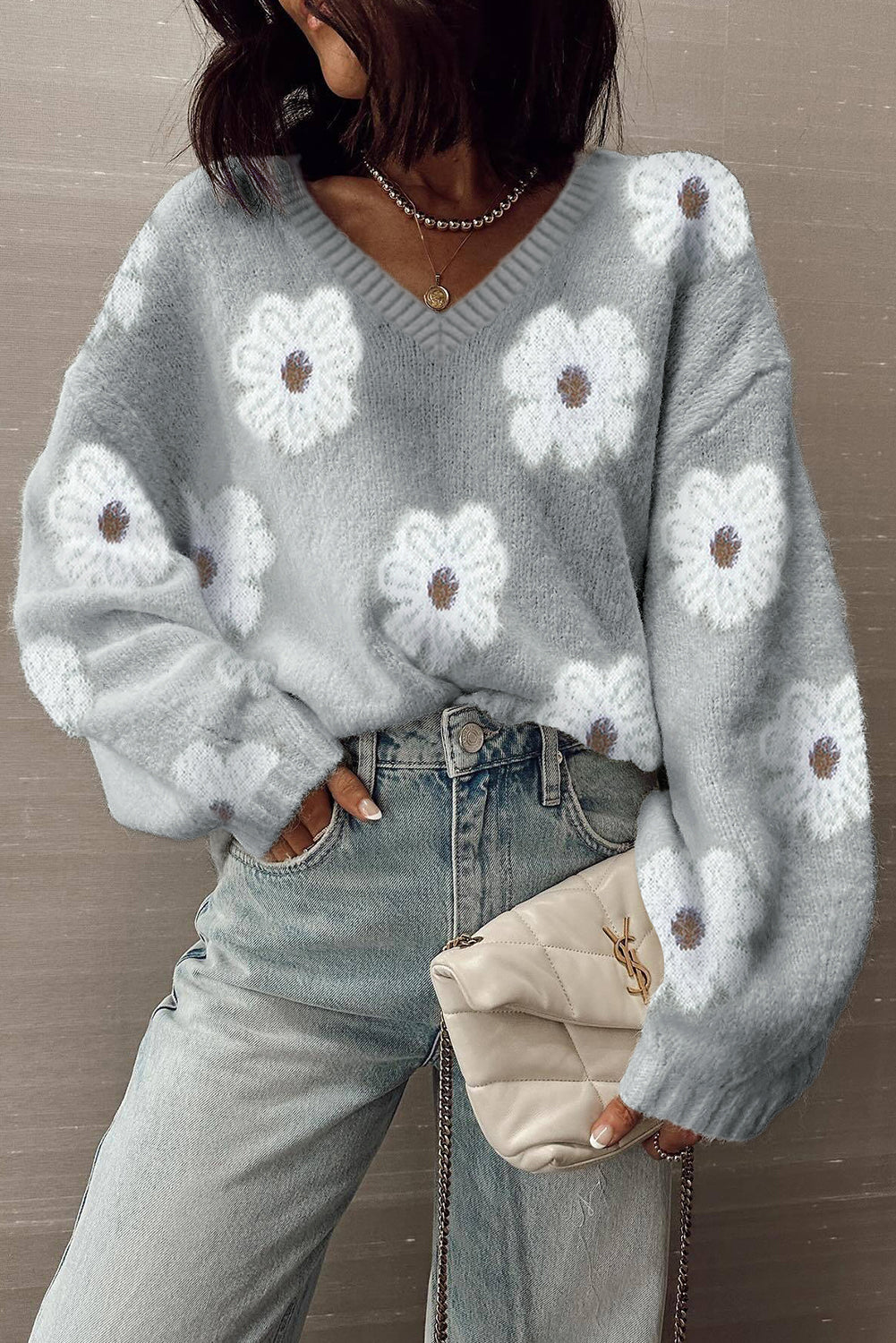 Gray Flower Baggy Sweater