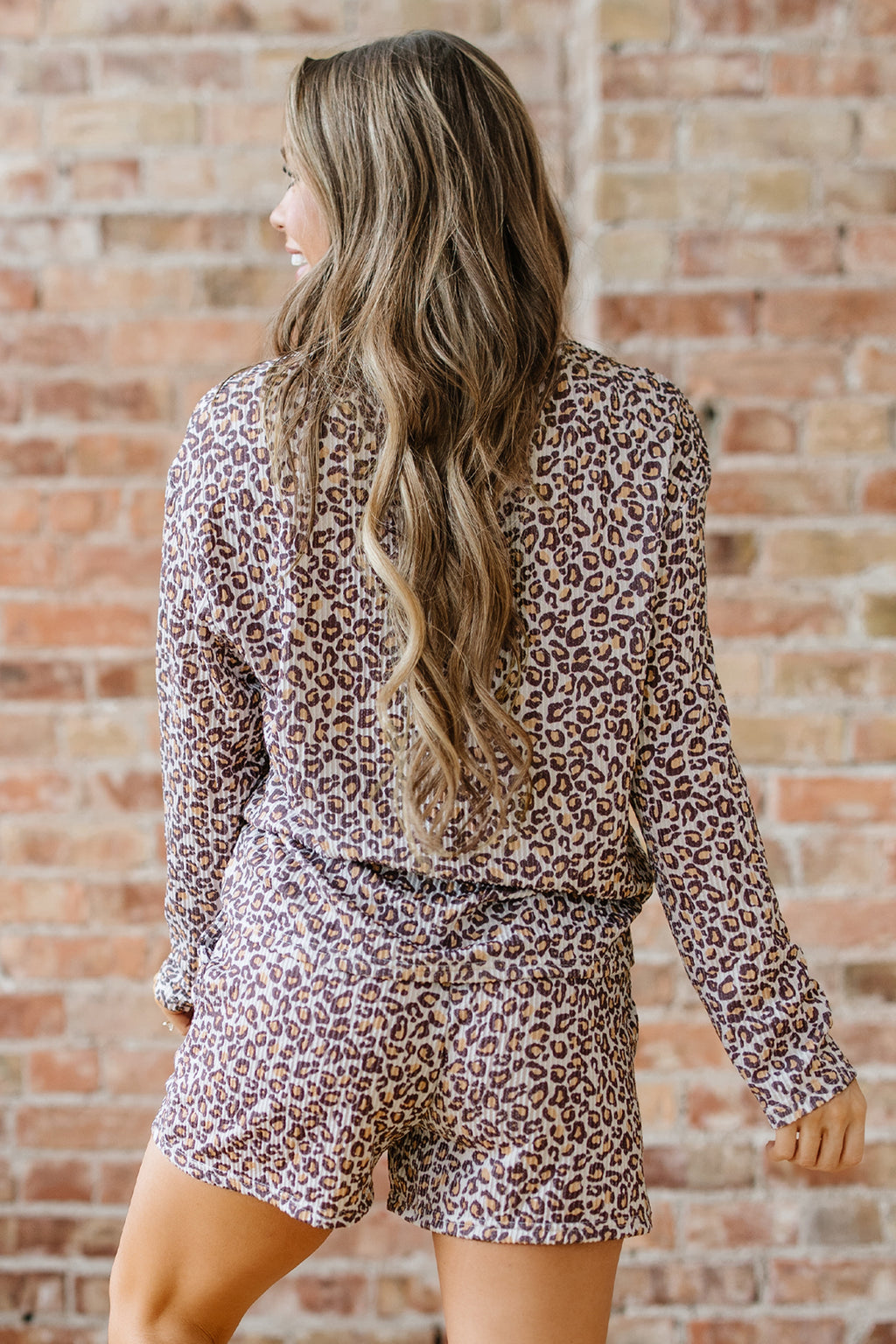 Khaki Leopard Ribbed Long Sleeved Drawstring Shorts 2pcs Outfit