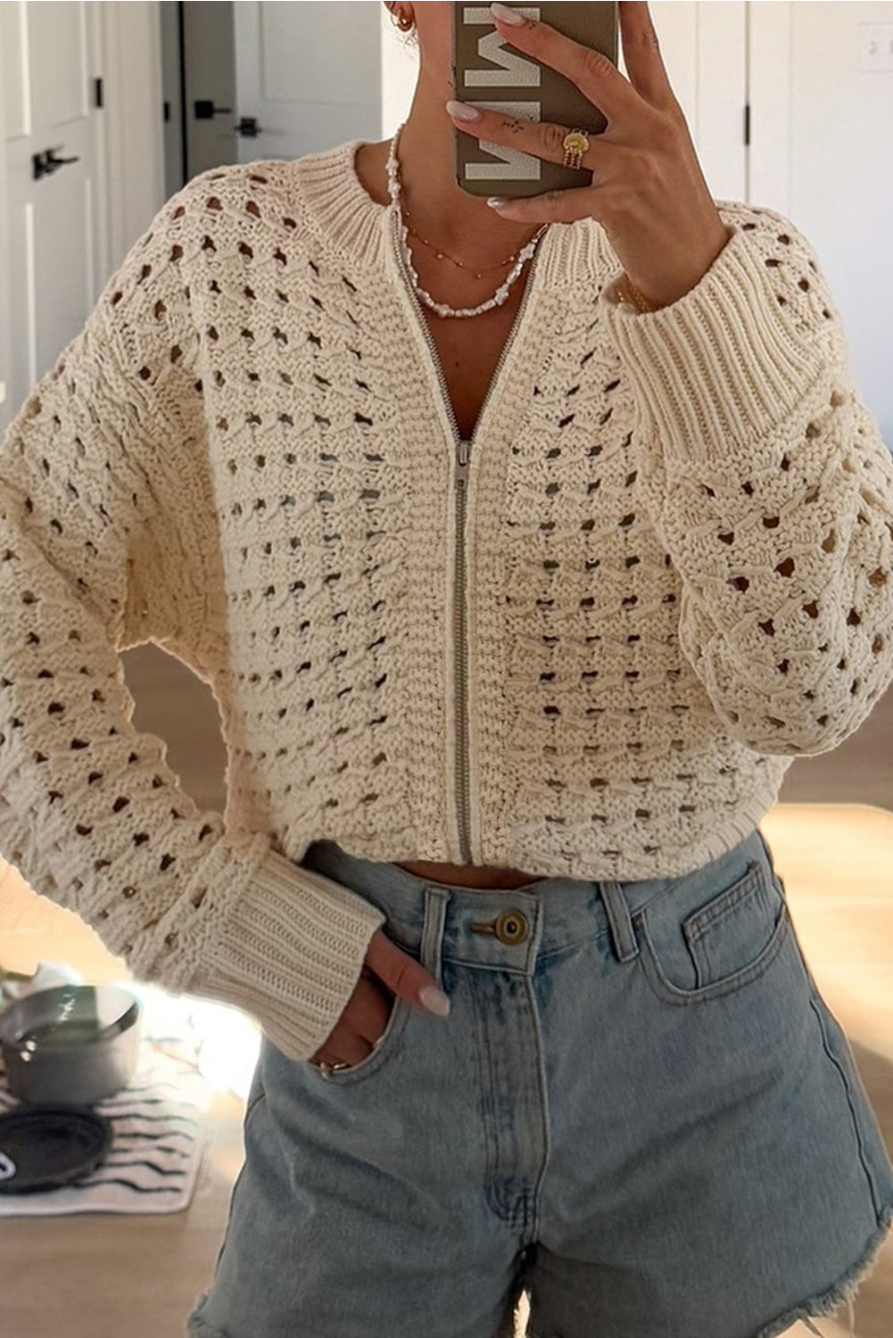 Beige Hollowed Knit Zip Up Cardigan