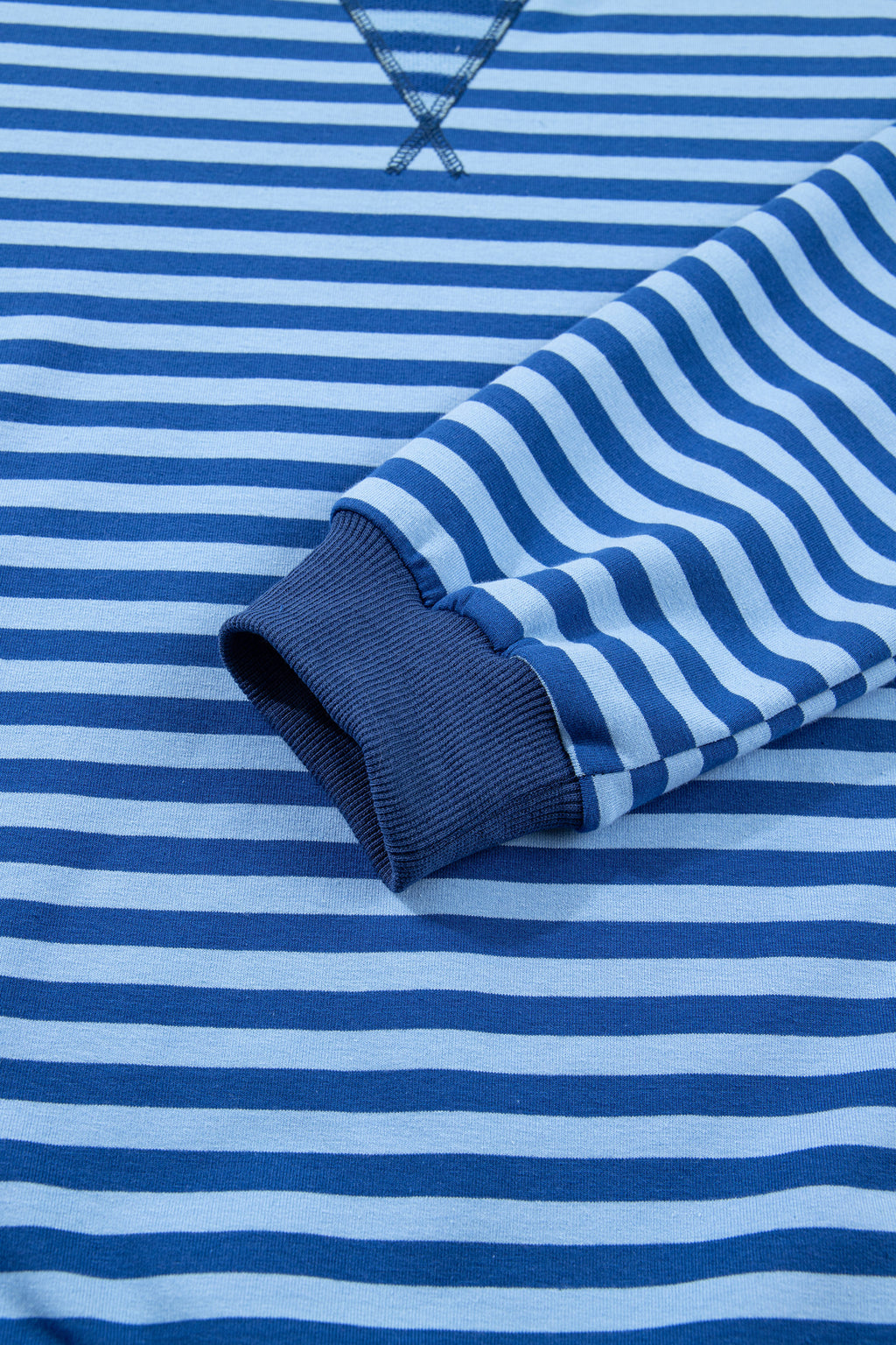 Blue Stripe Drop Shoulder Long Sleeve Pullover Elastic Waist Casual Short Set