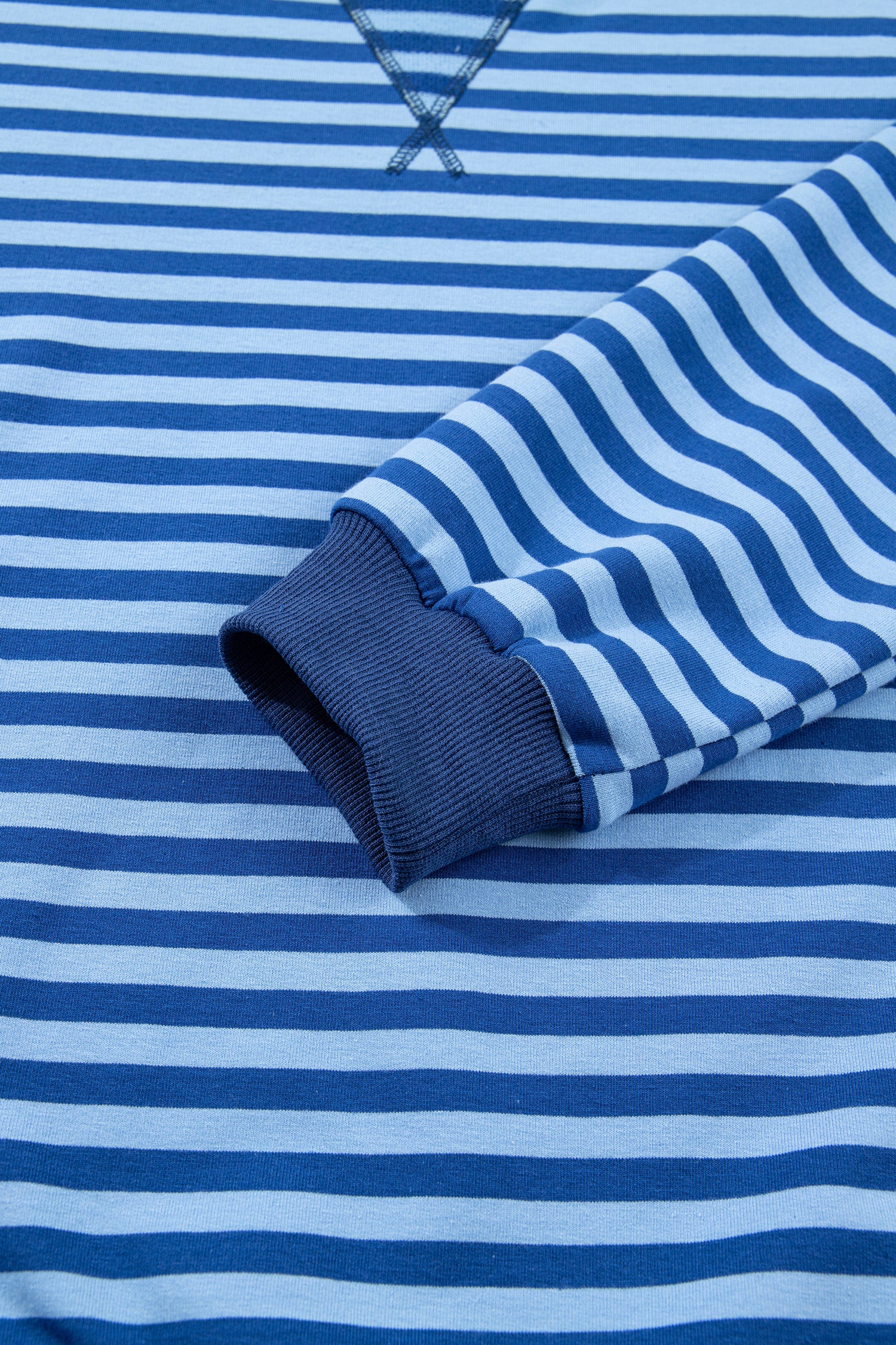 Blue Stripe Drop Shoulder Long Sleeve Pullover Elastic Waist Casual Short Set