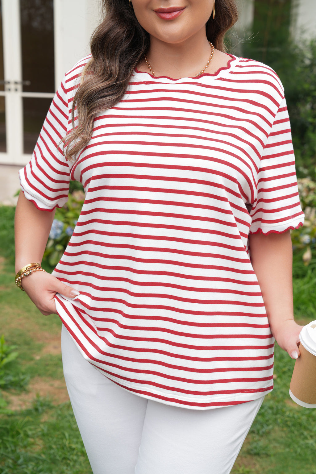 Red Stripe Plus Size Scalloped Trim Round Neck Short Sleeve Top