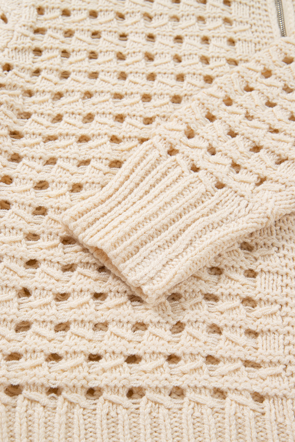 Beige Hollowed Knit Zip Up Cardigan