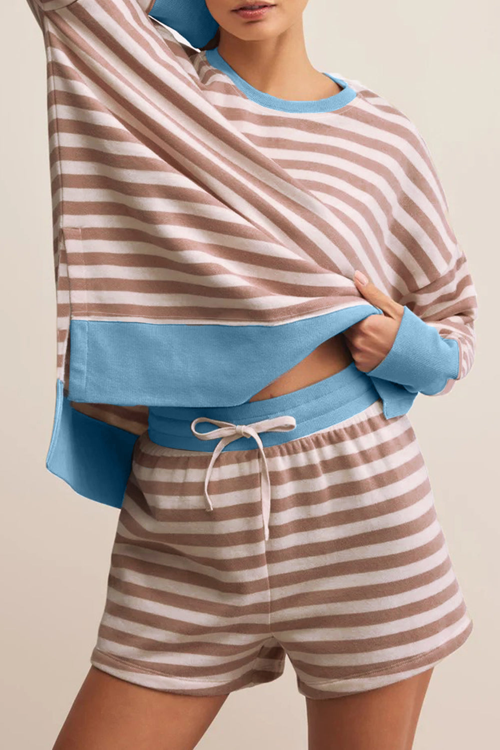 Plus Size Khaki Stripe Contrast Edge Set