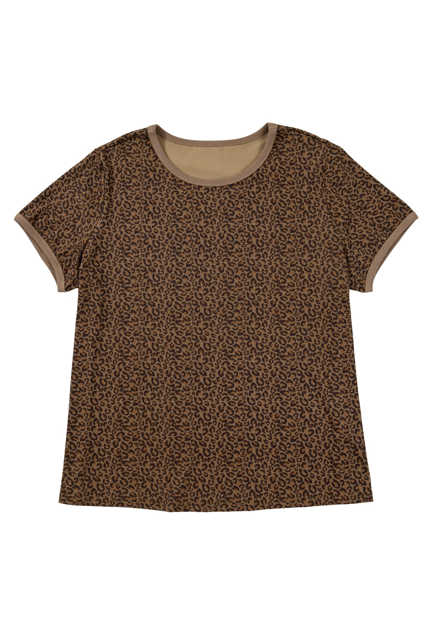 Khaki Plus Size Leopard Print Ribbed Trim Round Neck Tee