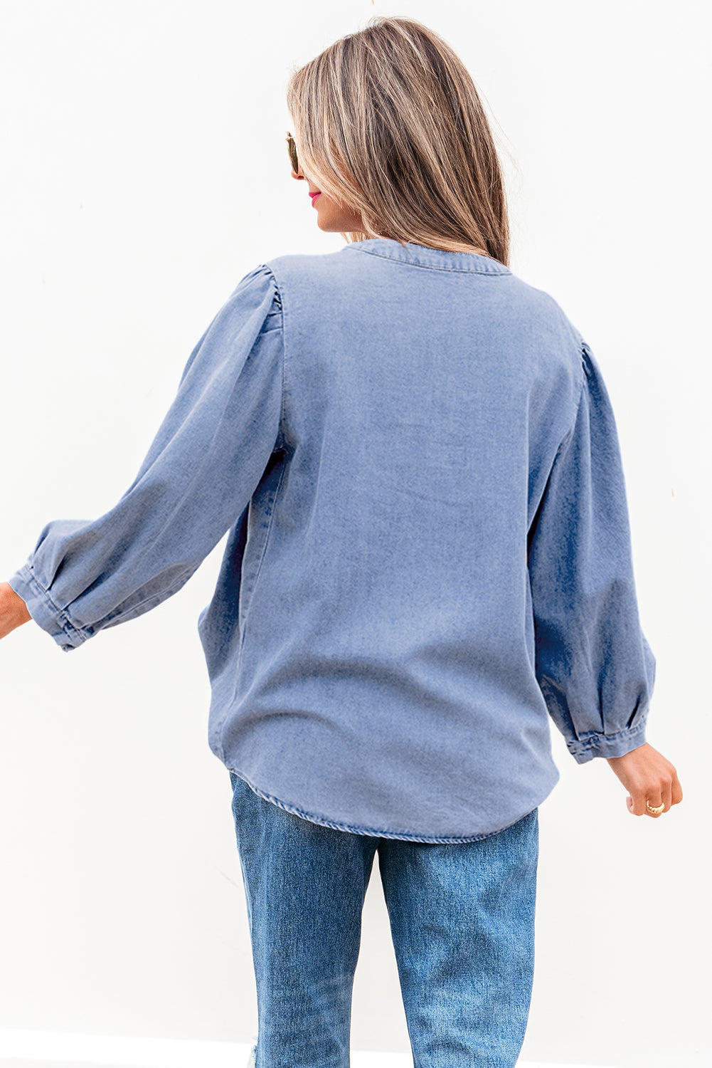Denim Bow Tie Puff Sleeve Top