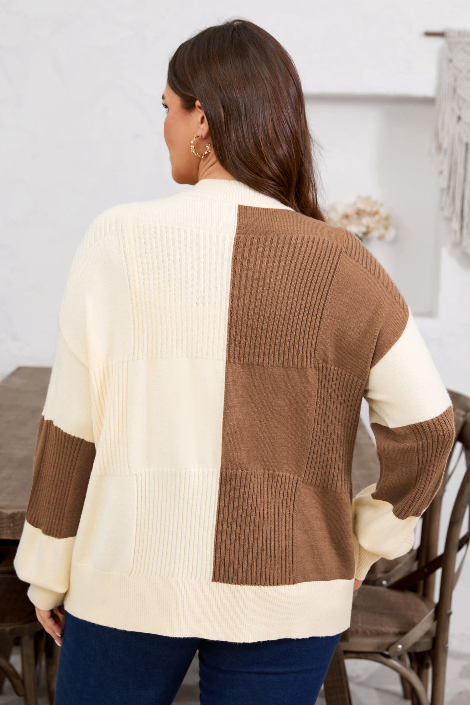 Plus Size Khaki Checkered Ribbed Texture Knit Cardigan Sweater