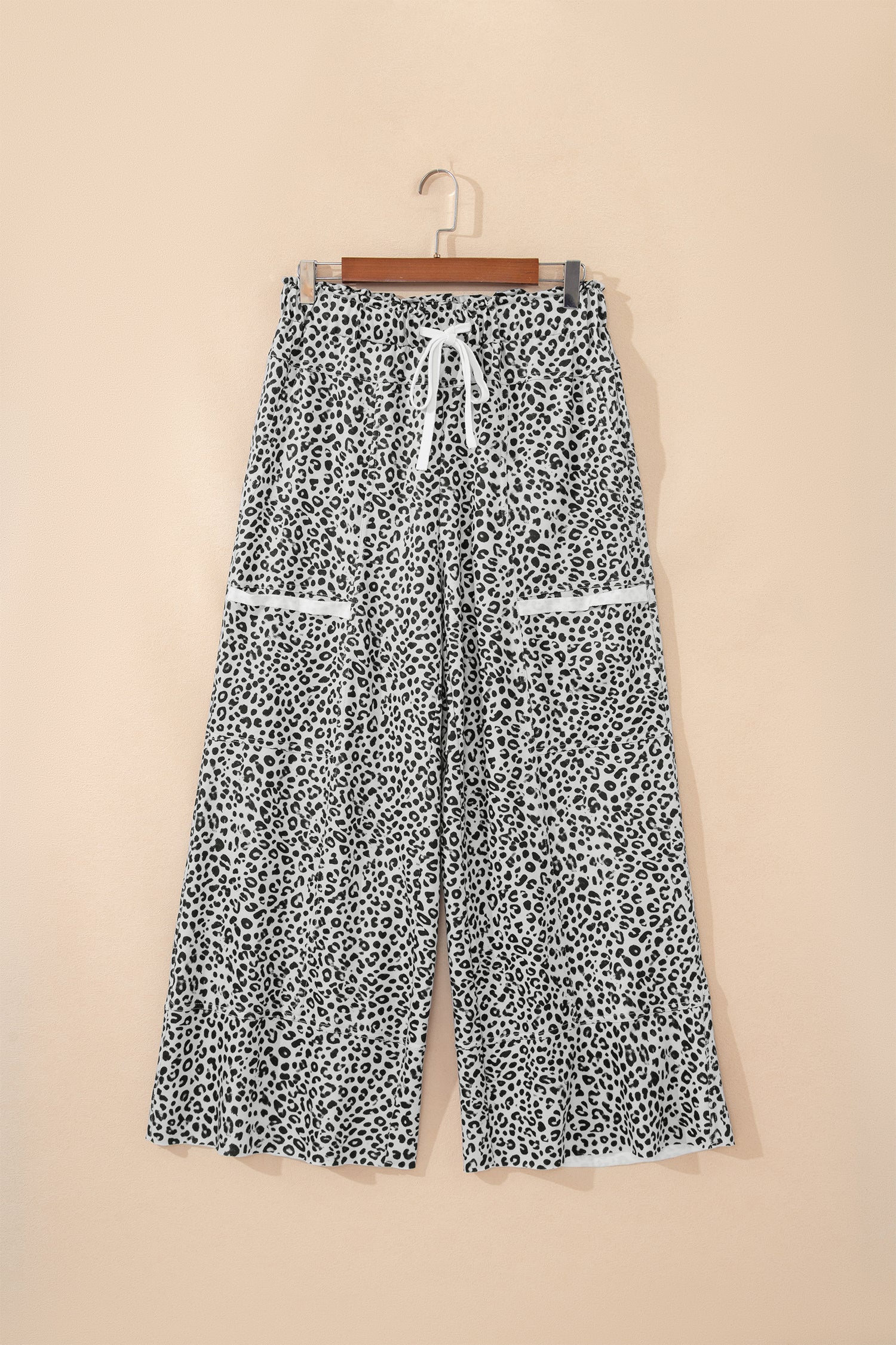 Khaki Animal Print Wide Leg Terry Knit Pants