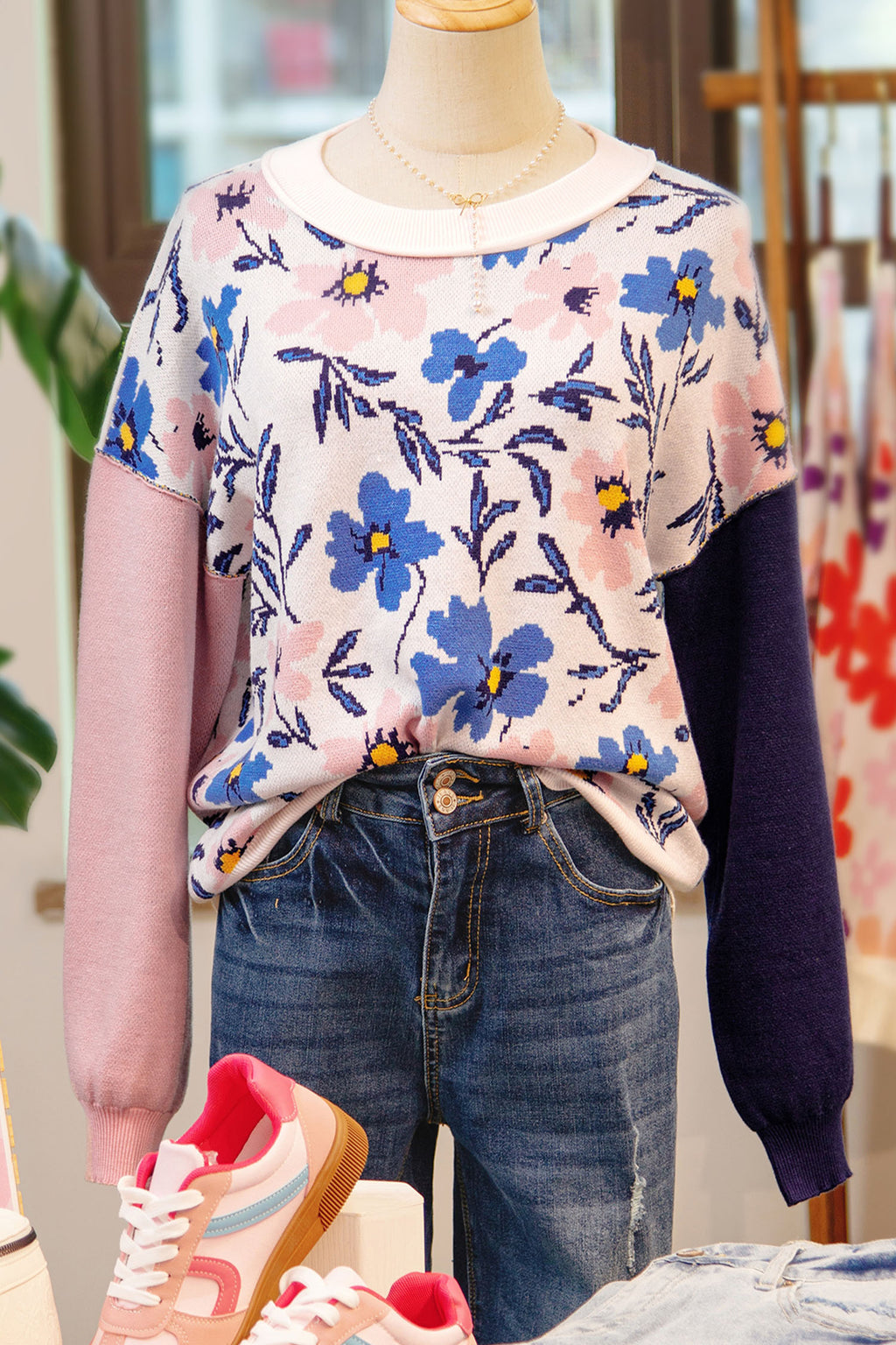 Floral Panel Colorblock Sleeve Patchwork Sweater
