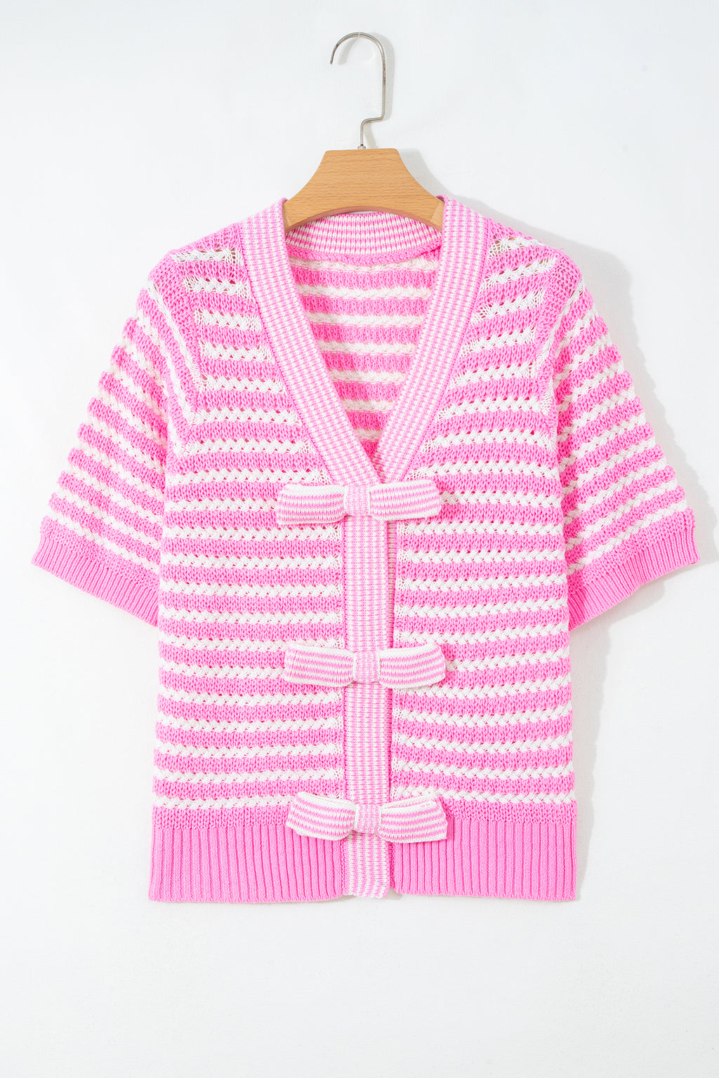 Sky Blue Stripe Short Sleeve Knit V Neck Bow Knot Sweater