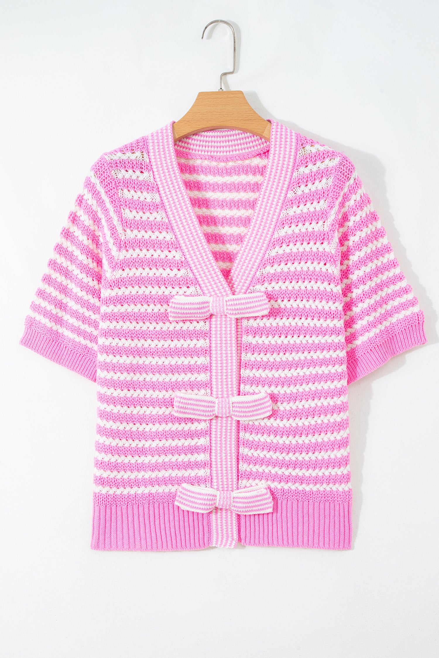 Sky Blue Stripe Short Sleeve Knit V Neck Bow Knot Sweater