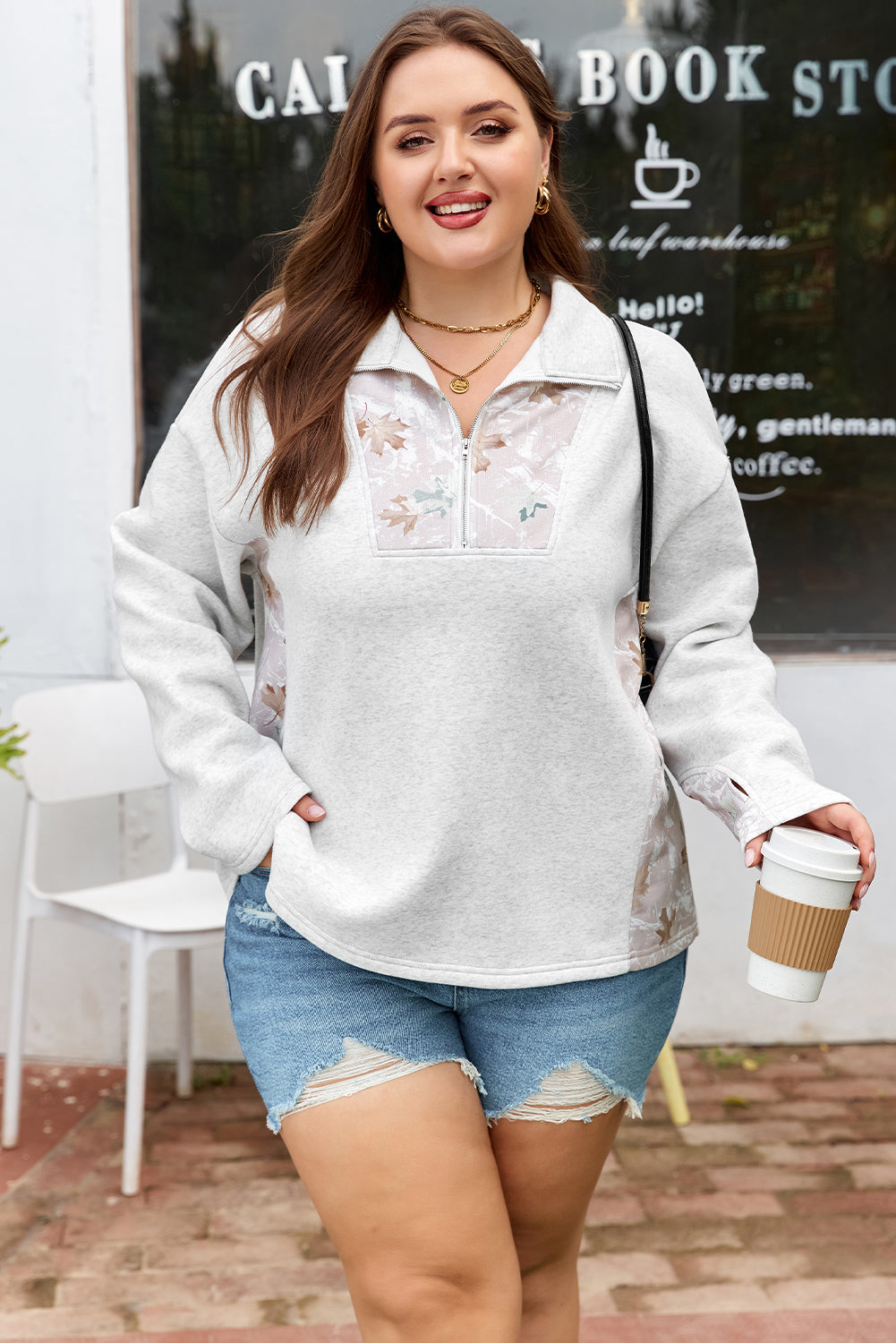 Plus Size Gray Camo Collar Sweatshirt