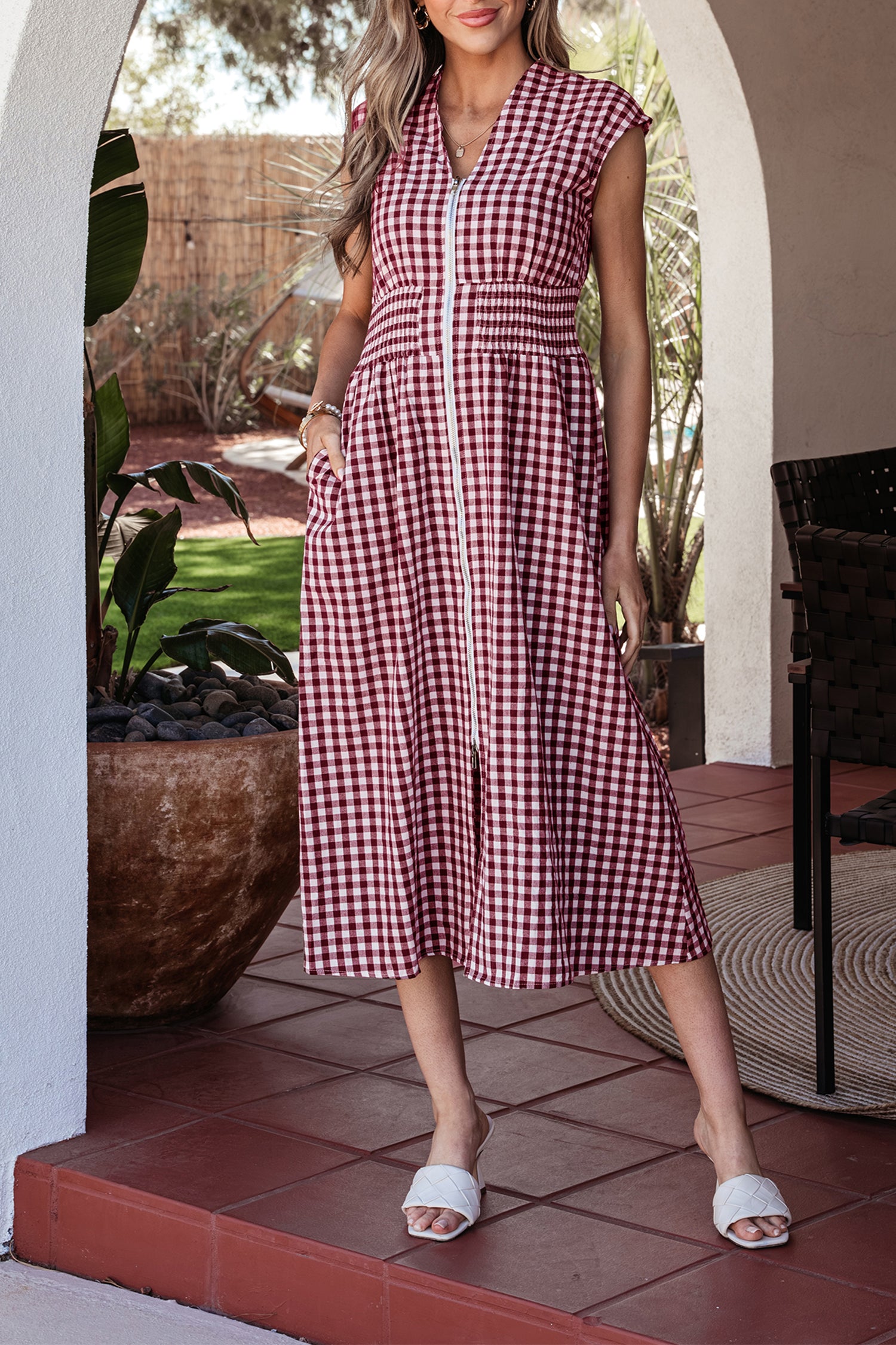 Coffee Plaid Print Full Zipper Cinched Waist Fit Flare Sleeveless Maxi Dress