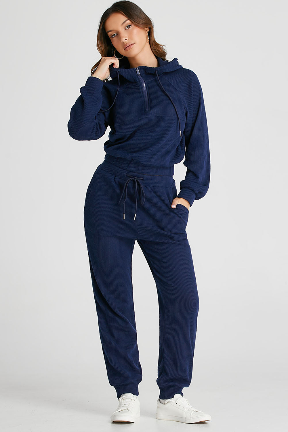 Ribbed Knit Cropped Hoodie Set