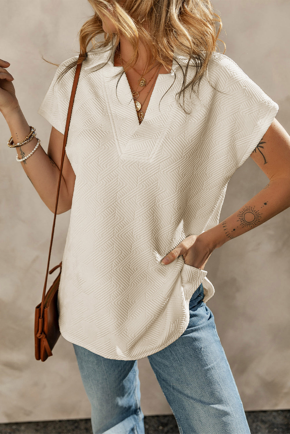 Textured Collared V Neck Top