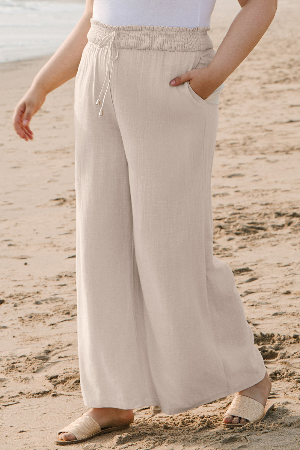 Plus Size Beige Smocked Wide Leg Pants
