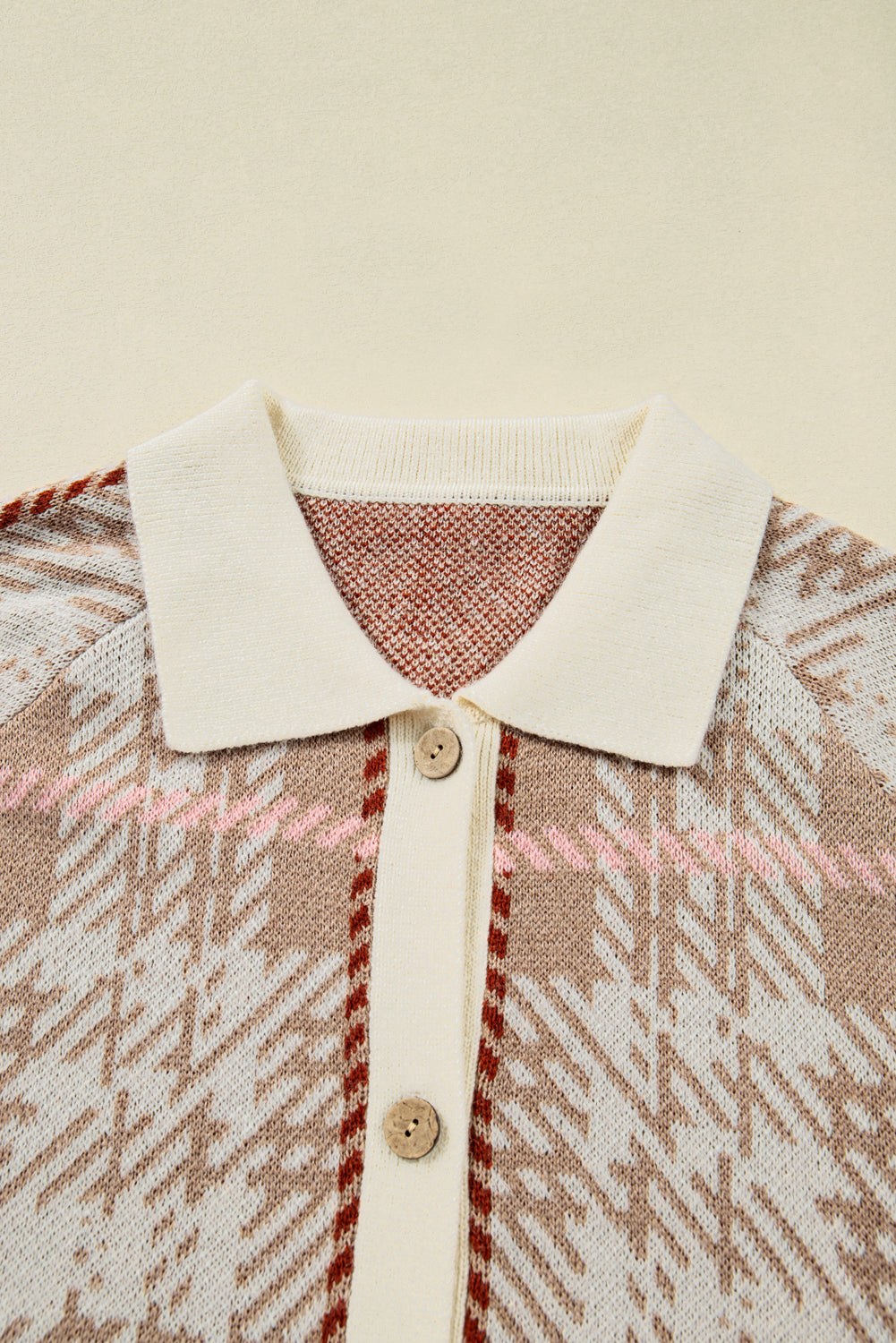Plus Size Khaki Vintage Pattern Ribbed Trim Button Front Cardigan Sweater