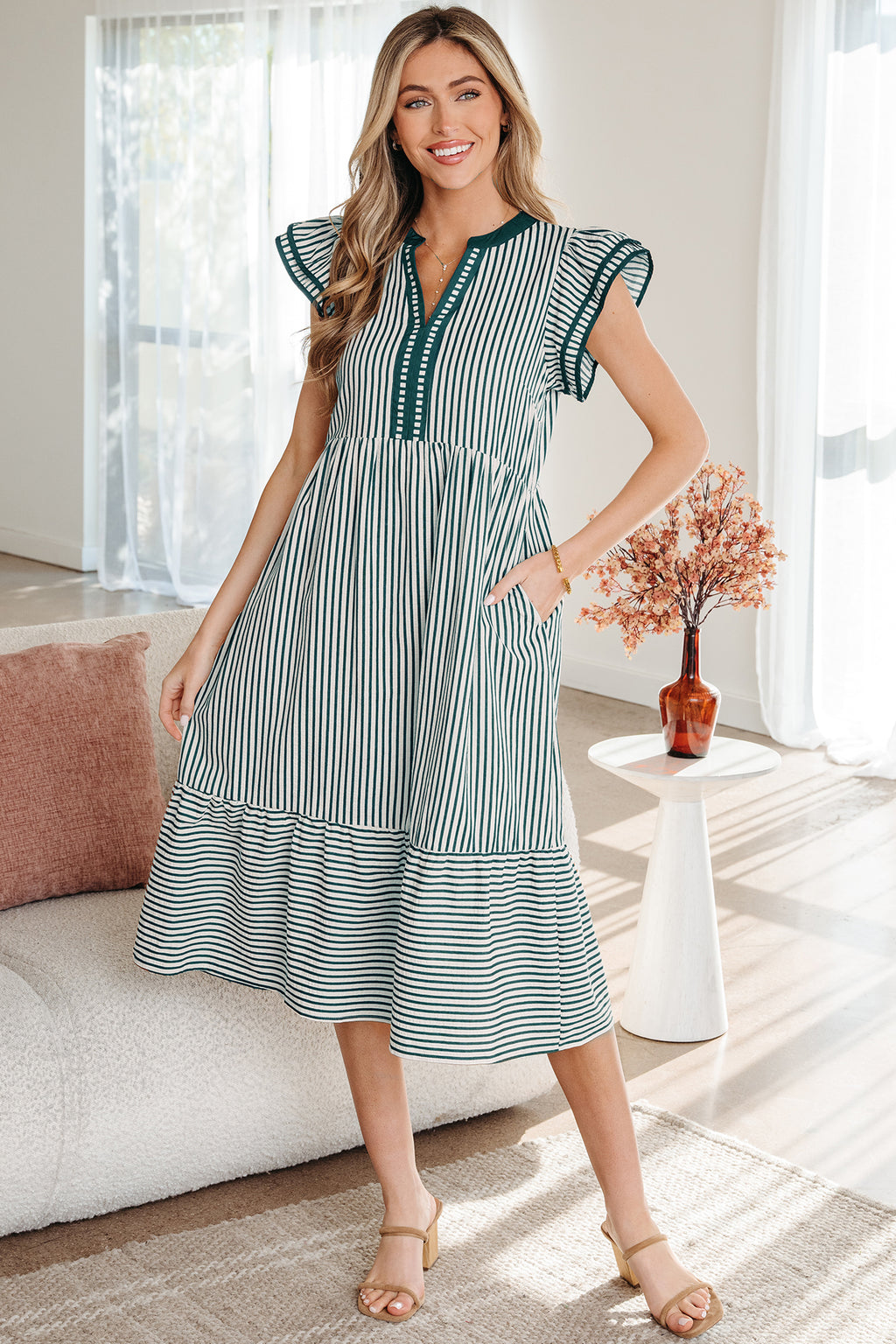 Black Stripe Double Ruffled Short Sleeve Contrast Trim V Neck Midi Dress