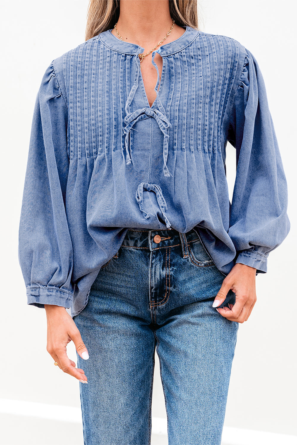 Denim Bow Tie Puff Sleeve Top