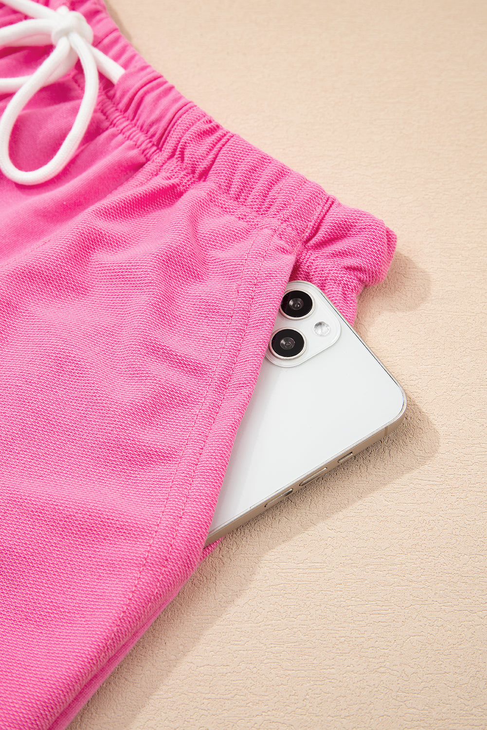 Bonbon V Neck Drop Shoulder Tee and Patchwork Drawstring Elastic Waistband Shorts Set
