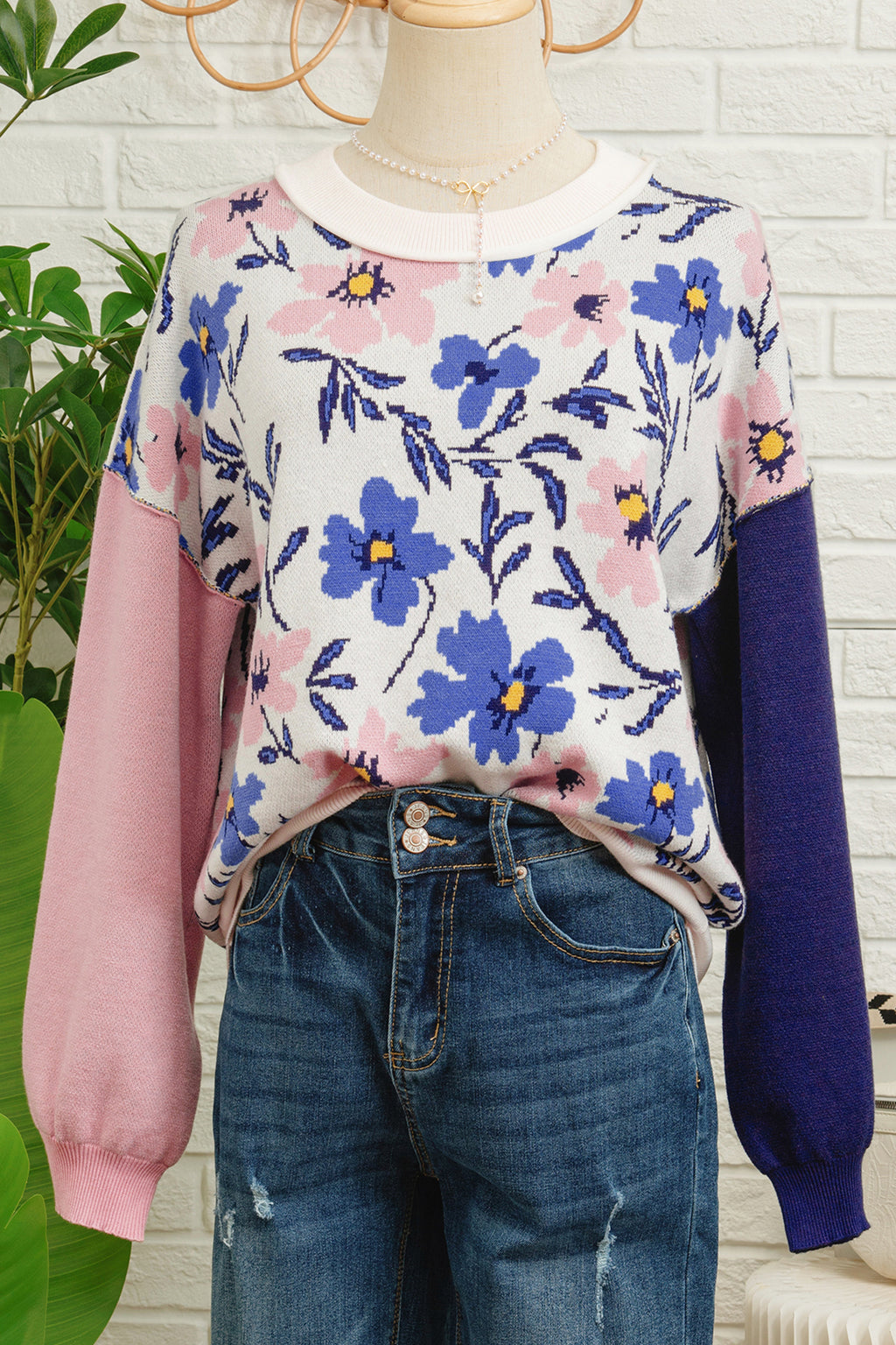 Floral Panel Colorblock Sleeve Patchwork Sweater