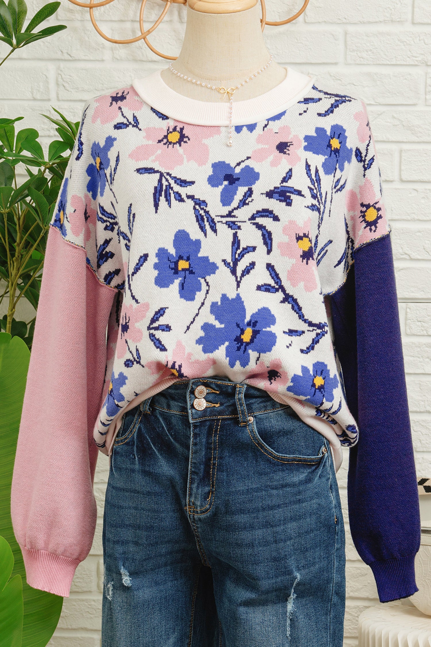 Floral Panel Colorblock Sleeve Patchwork Sweater