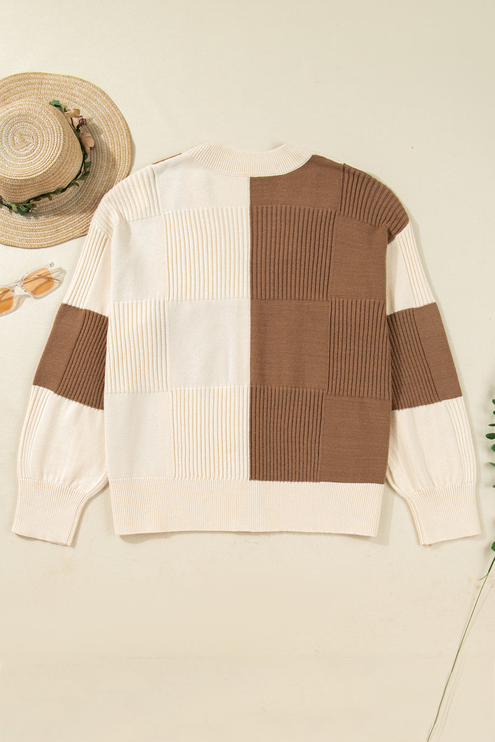 Plus Size Khaki Checkered Ribbed Texture Knit Cardigan Sweater