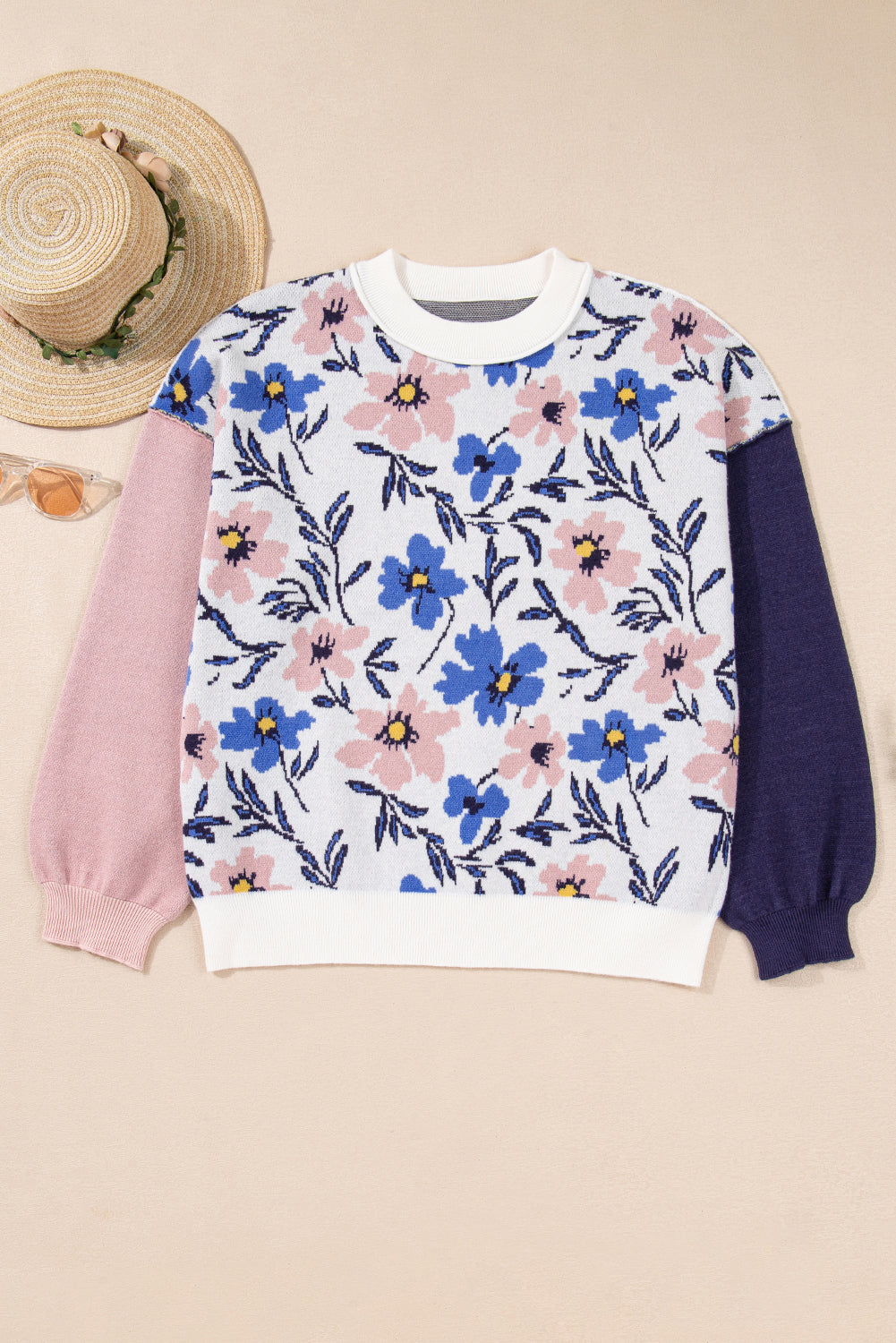 Floral Panel Colorblock Sleeve Patchwork Sweater
