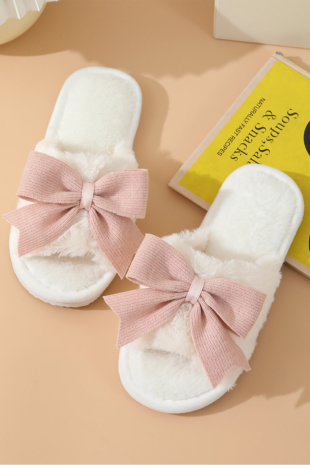 White Bow Knot Open Toe Plush Slippers
