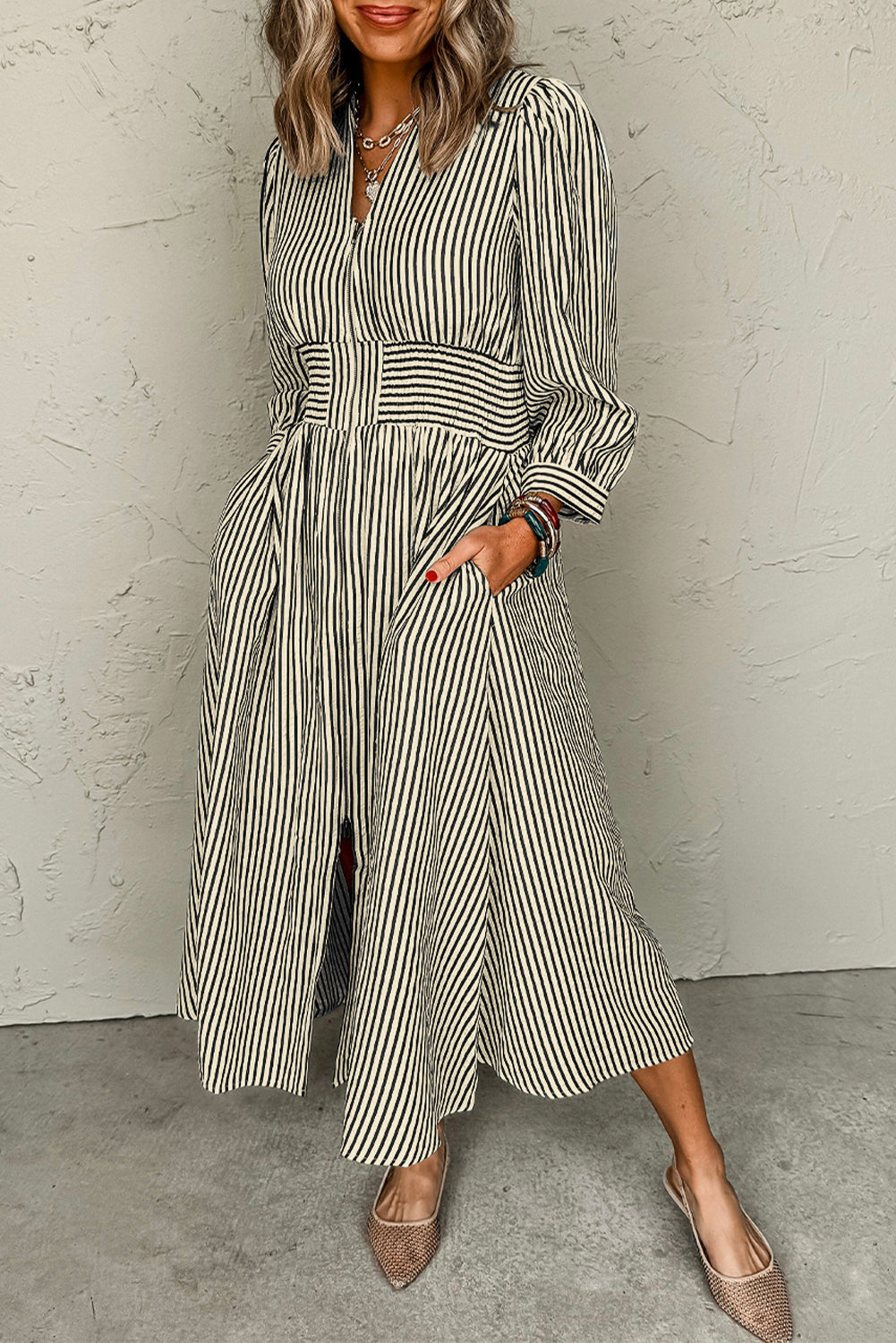 Striped Cinched Midi Dress