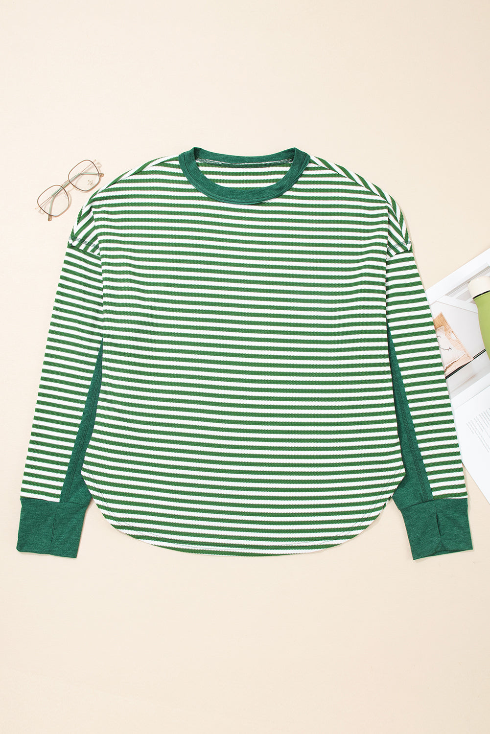 Plus Size Green Stripe Exposed Seam Thermal Top