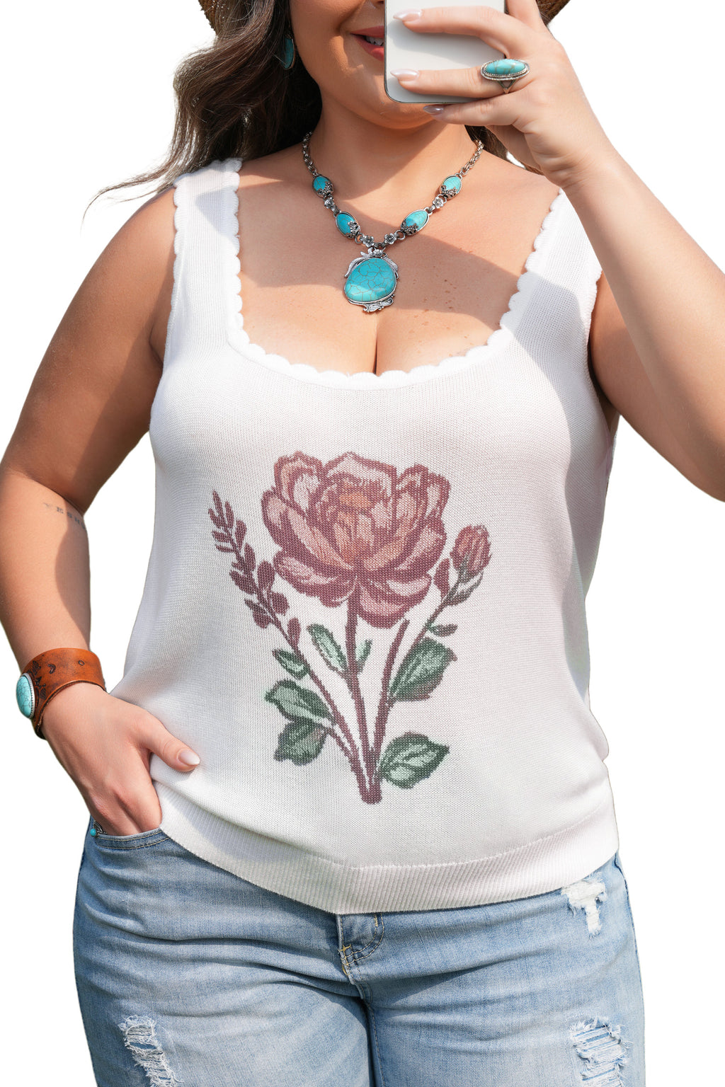 White Plus Size Floral Print Scalloped Trim Square Neck Sweater Vest