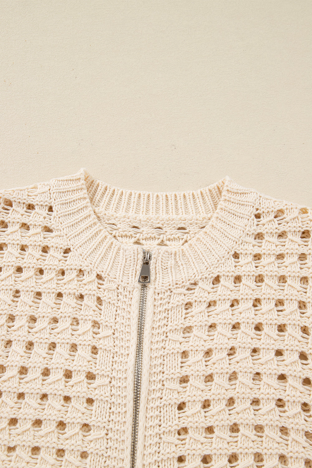 Beige Hollowed Knit Zip Up Cardigan