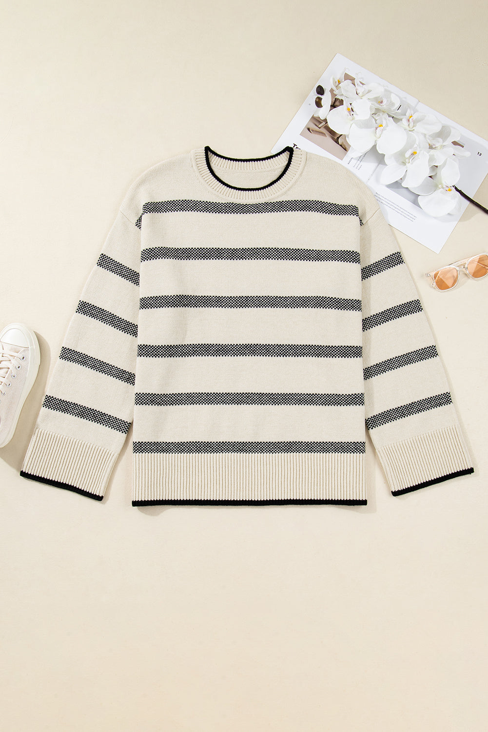 Plus Size Apricot Stripe Wide Sleeve Sweater