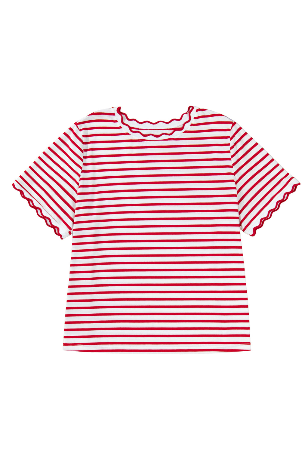Red Stripe Plus Size Scalloped Trim Round Neck Short Sleeve Top