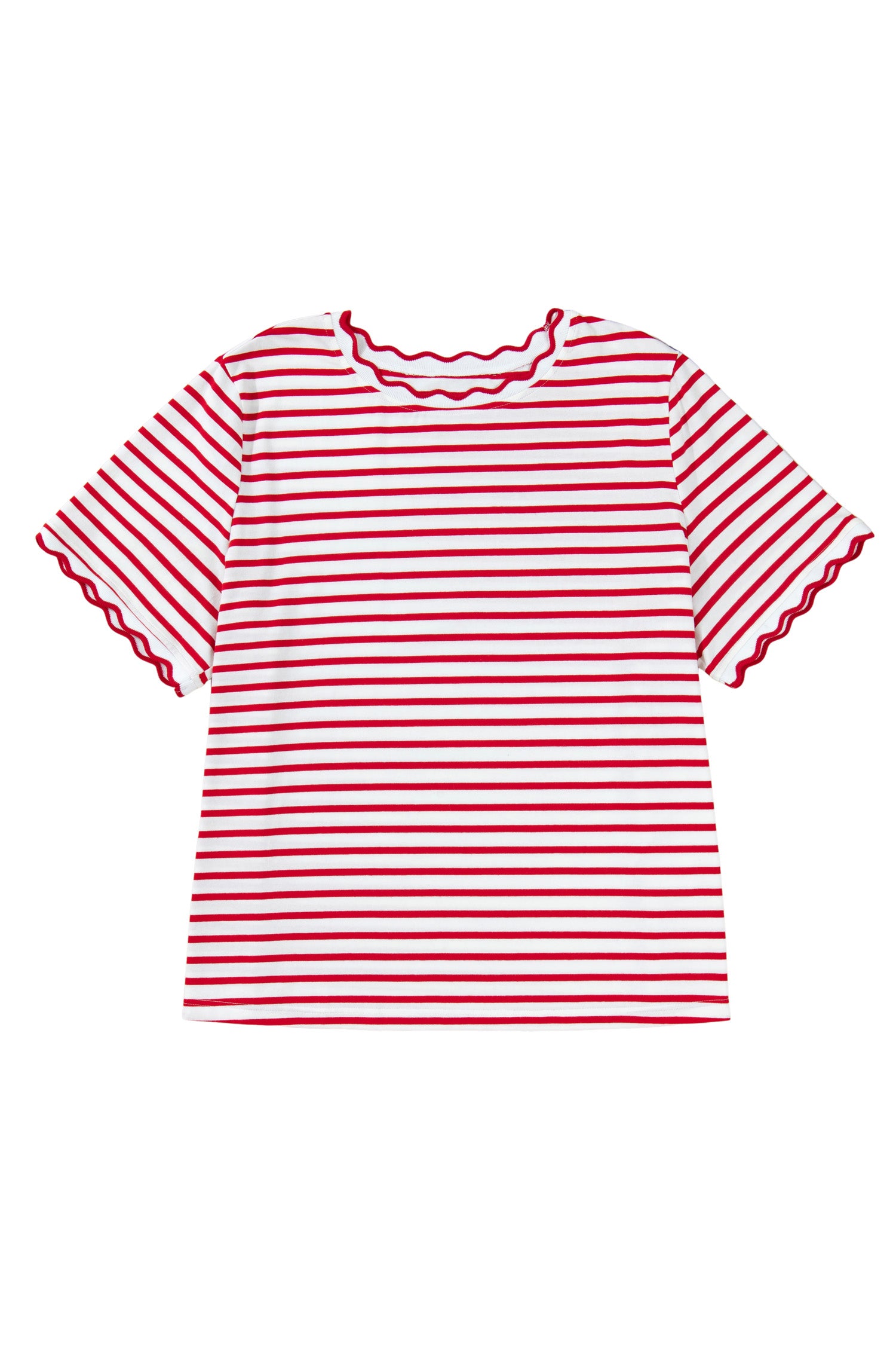 Red Stripe Plus Size Scalloped Trim Round Neck Short Sleeve Top
