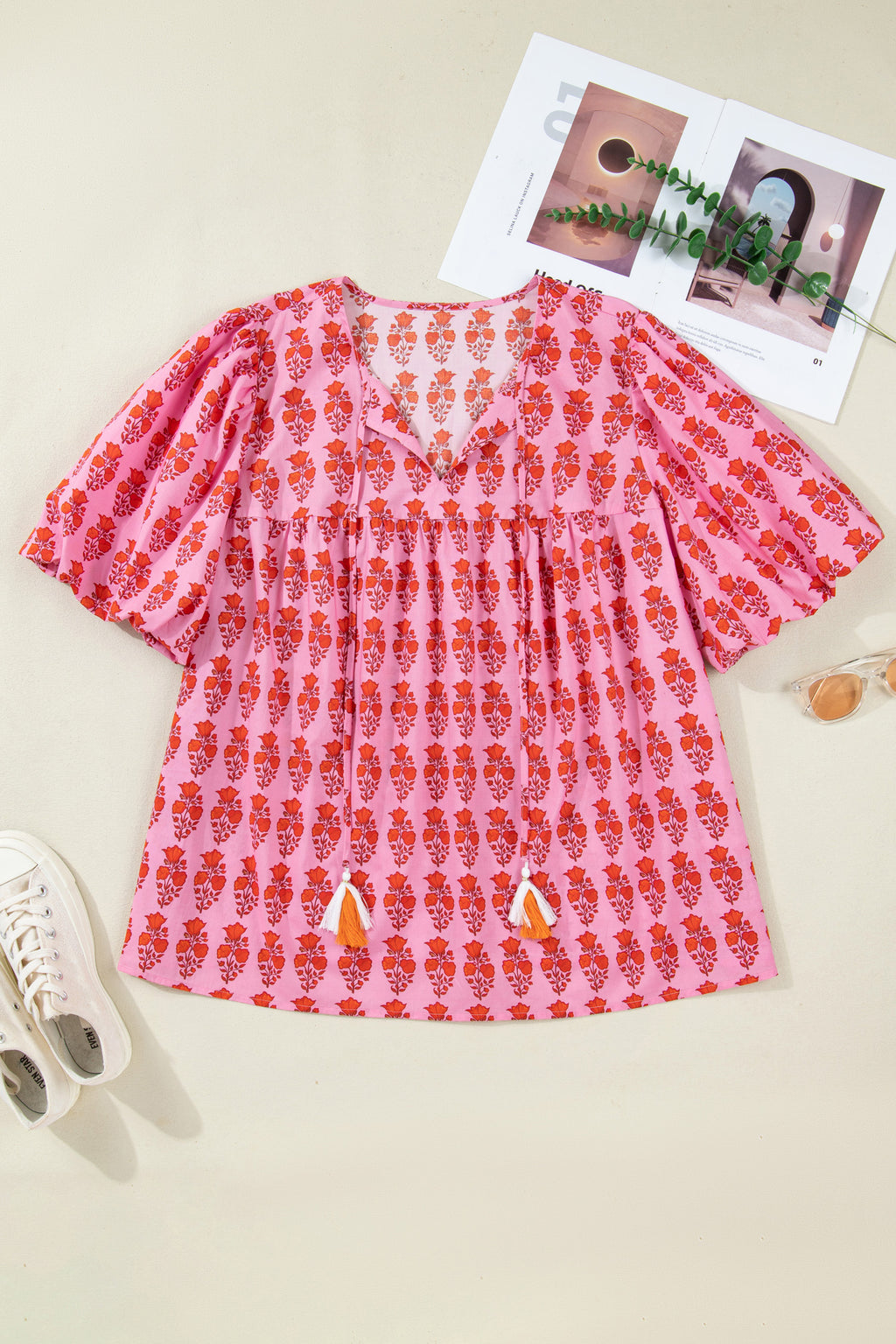 Pink Plus Size Floral Print Tassel Tie Puff Sleeve Cotton Blouse