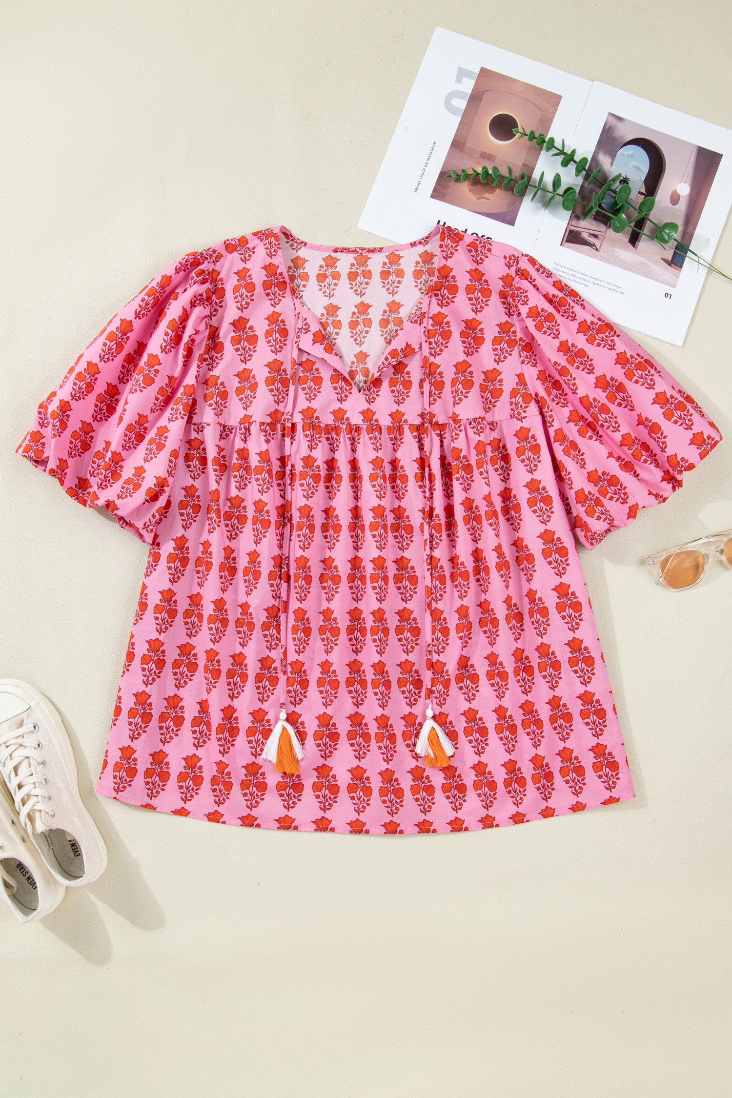 Pink Plus Size Floral Print Tassel Tie Puff Sleeve Cotton Blouse