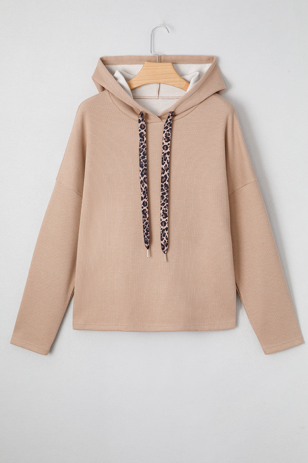 Parchment Thermal Textured Leopard Drawstring Baggy Hoodie